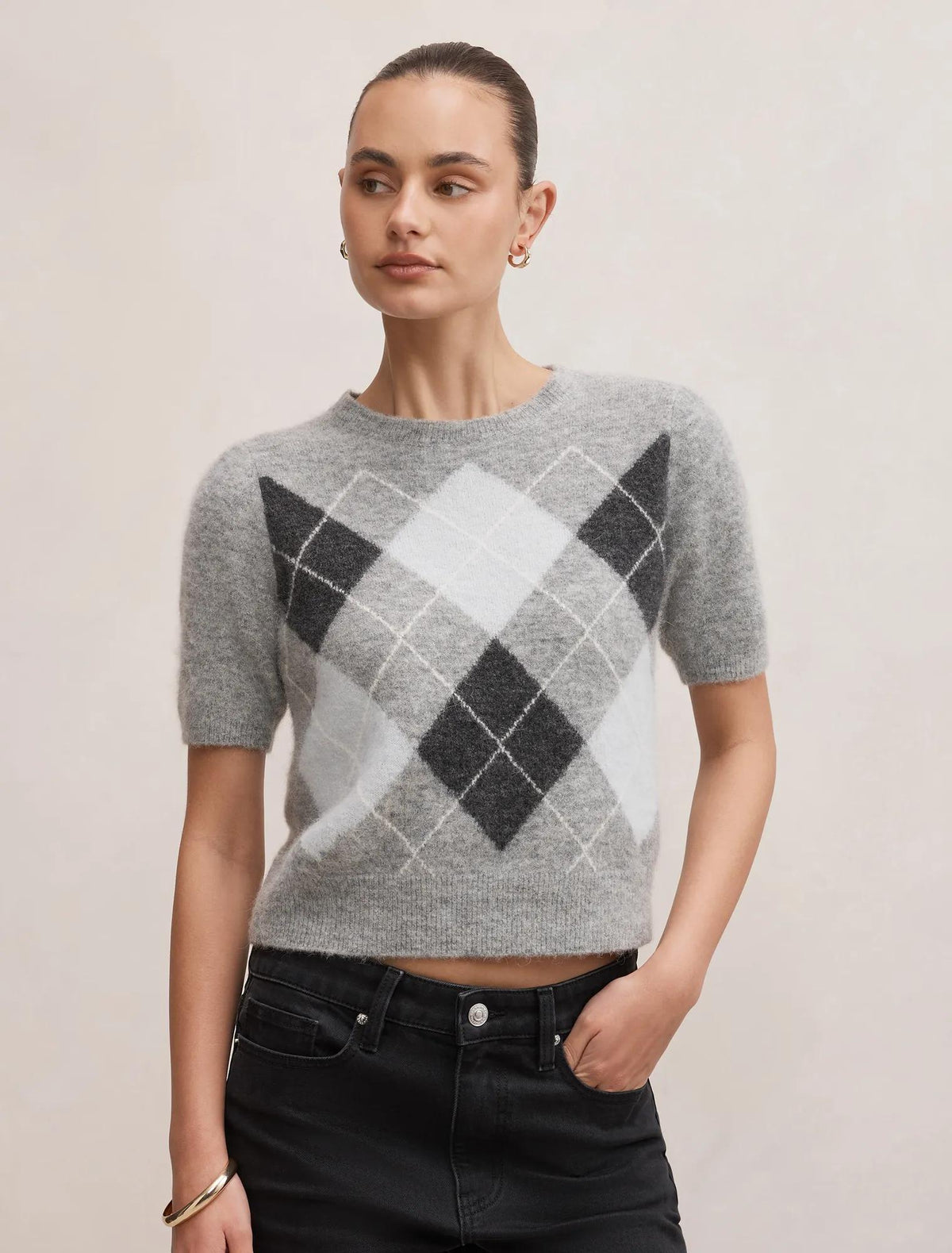 Andy Argyle Fluffy Knit Tee Grey Argyle