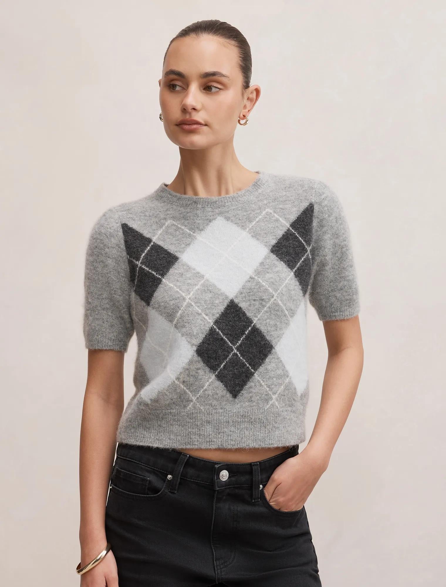 Andy Argyle Fluffy Knit Tee Grey Argyle
