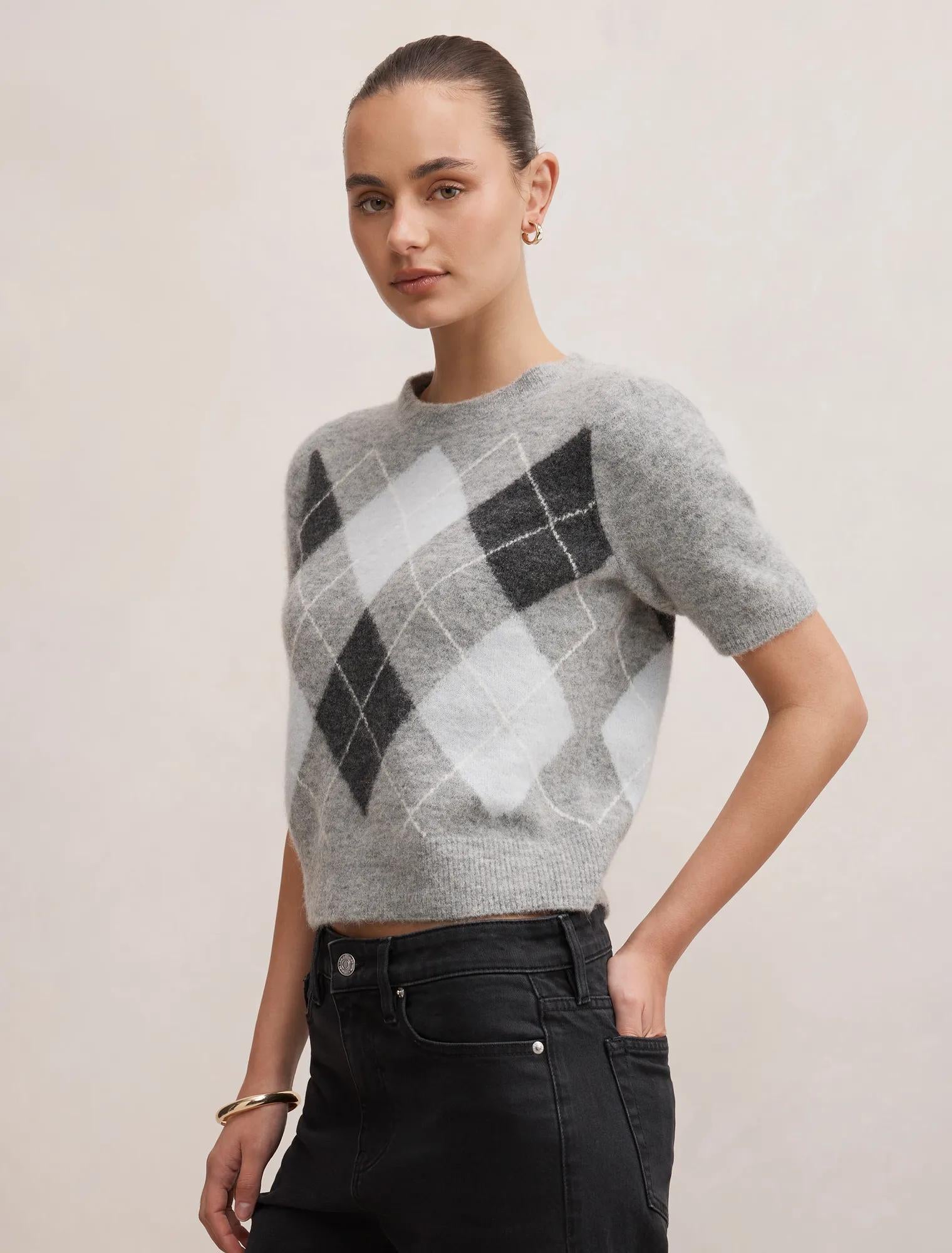 Andy Argyle Fluffy Knit Tee Grey Argyle