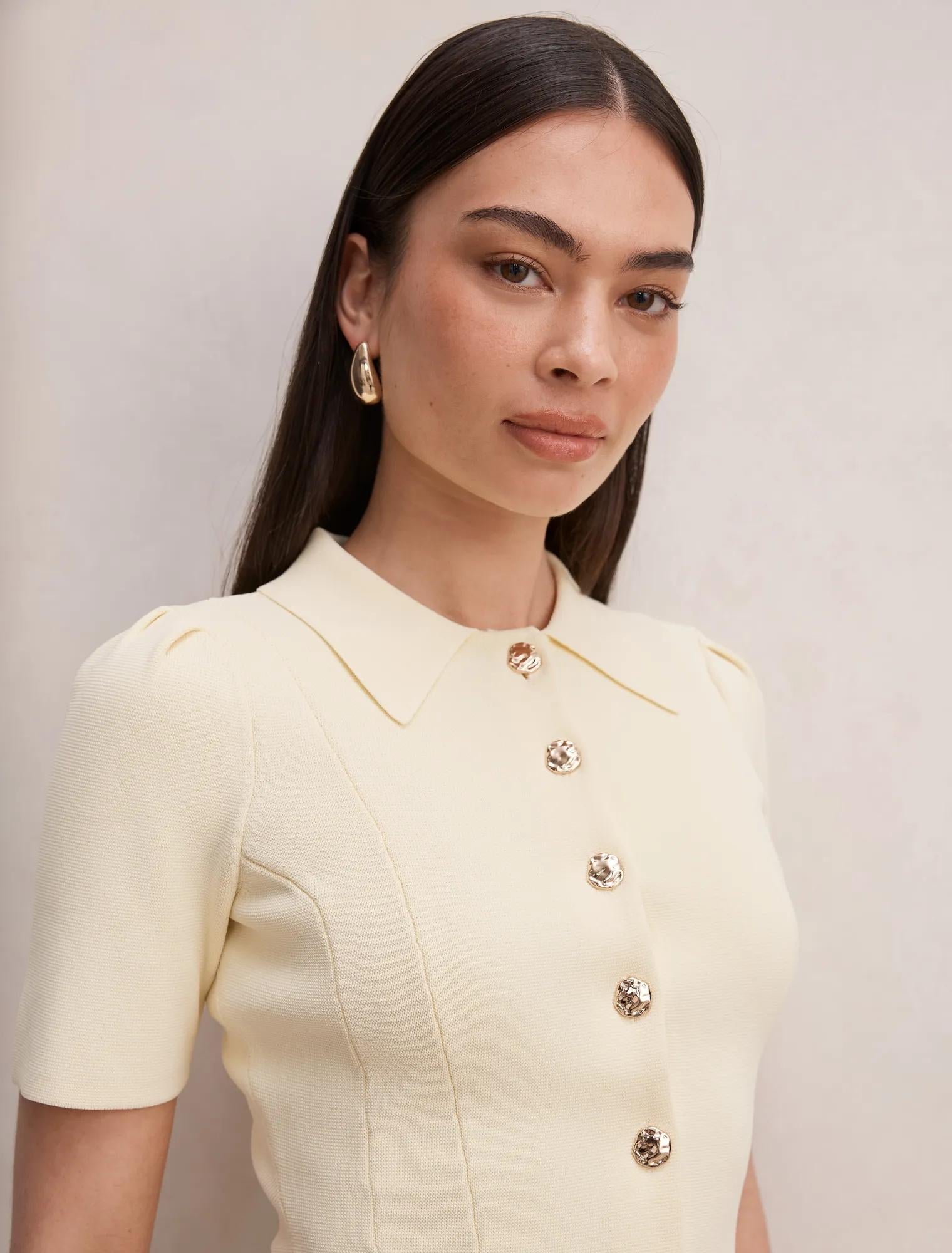Esther Button Detail Knit Top Lemon Yellow Co Ord