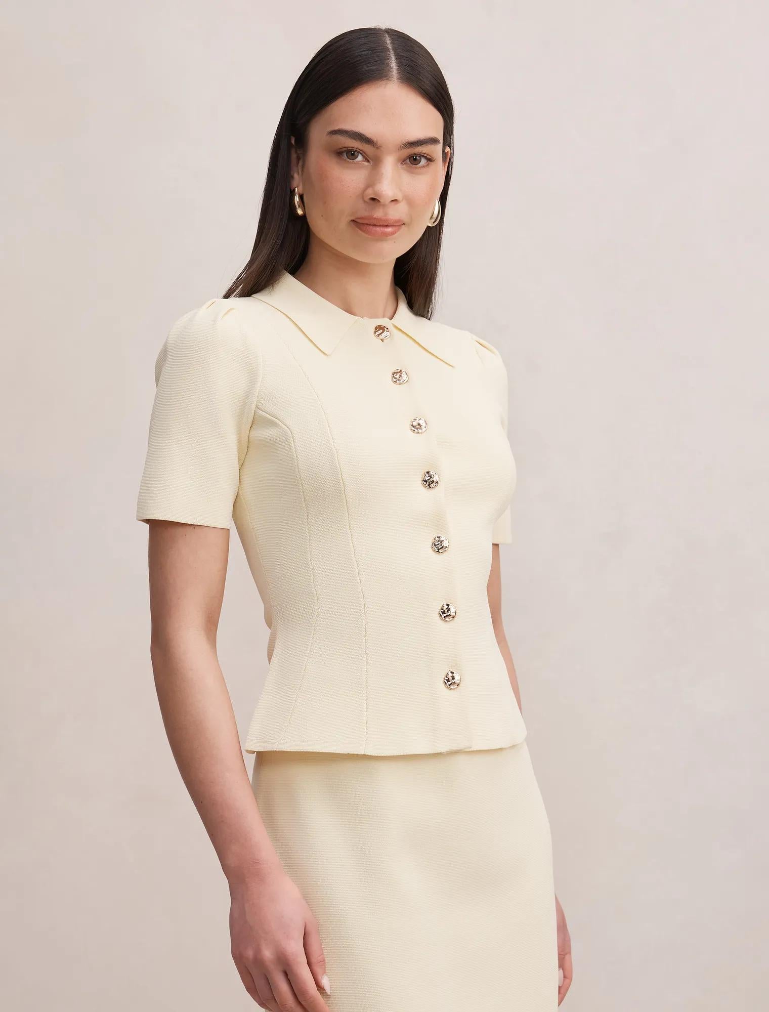 Esther Button Detail Knit Top Lemon Yellow Co Ord