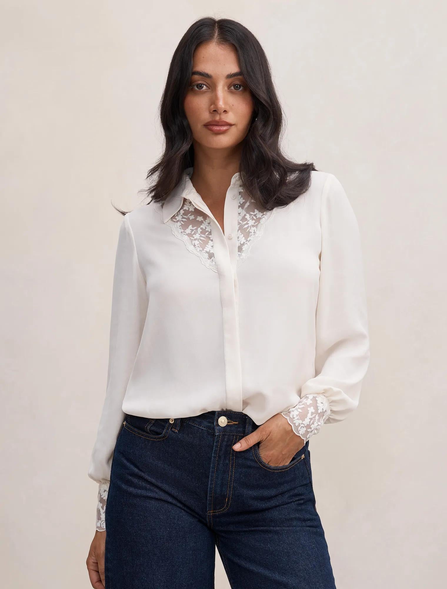 Hannah Lace Trim Shirt Neutral
