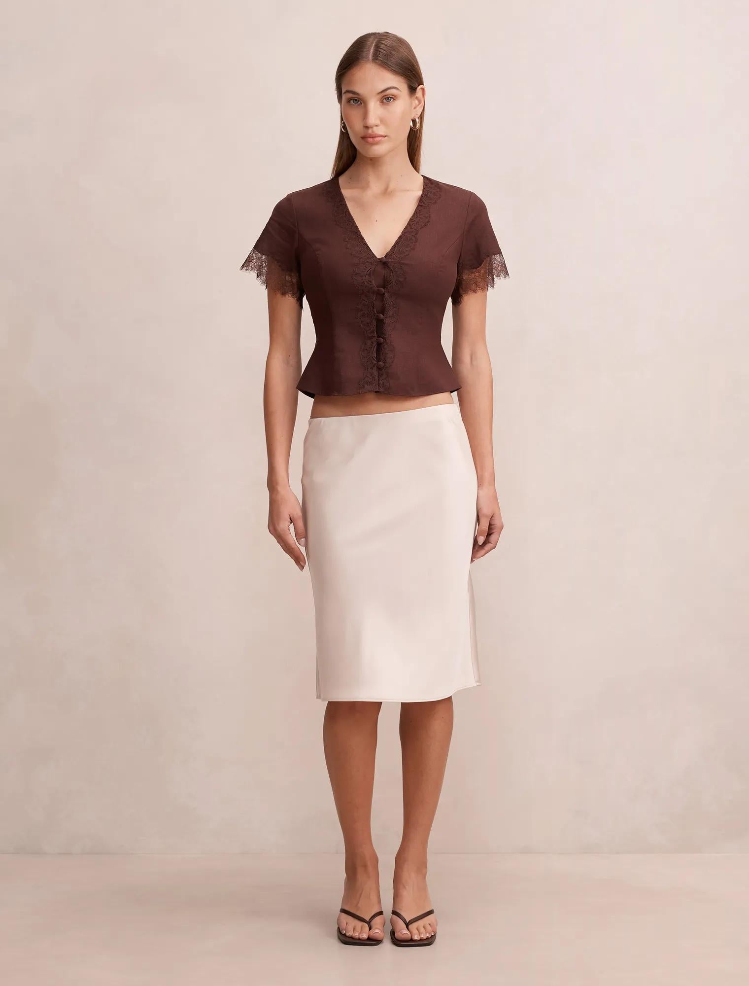 Ingrid Lace Trim Blouse Chocolate