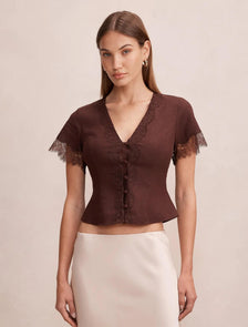 Ingrid Lace Trim Blouse Chocolate
