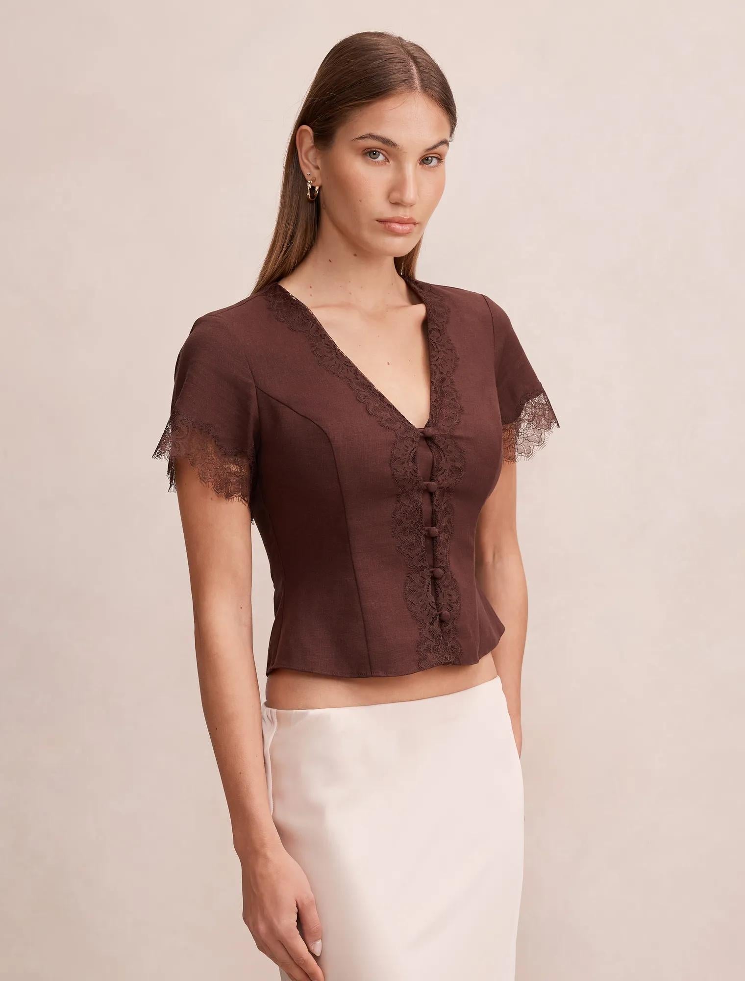 Ingrid Lace Trim Blouse Chocolate