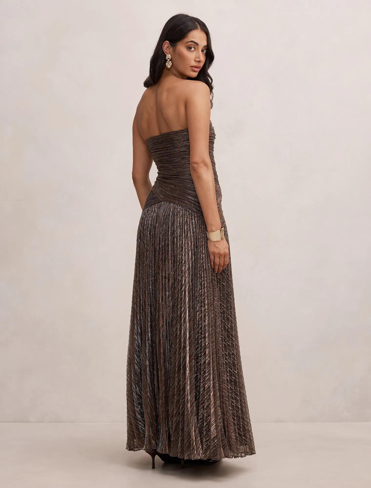 Sofia Strapless Plisse Maxi Dress Bronze