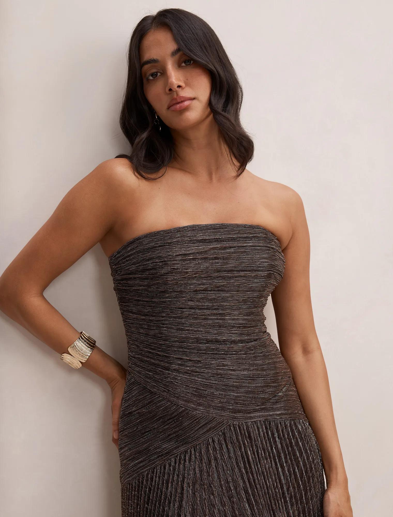 Sofia Strapless Plisse Maxi Dress Bronze