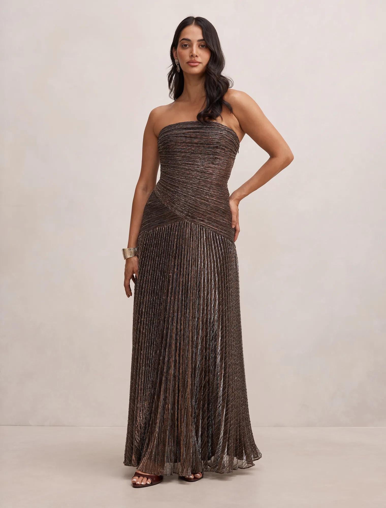 Sofia Strapless Plisse Maxi Dress Bronze