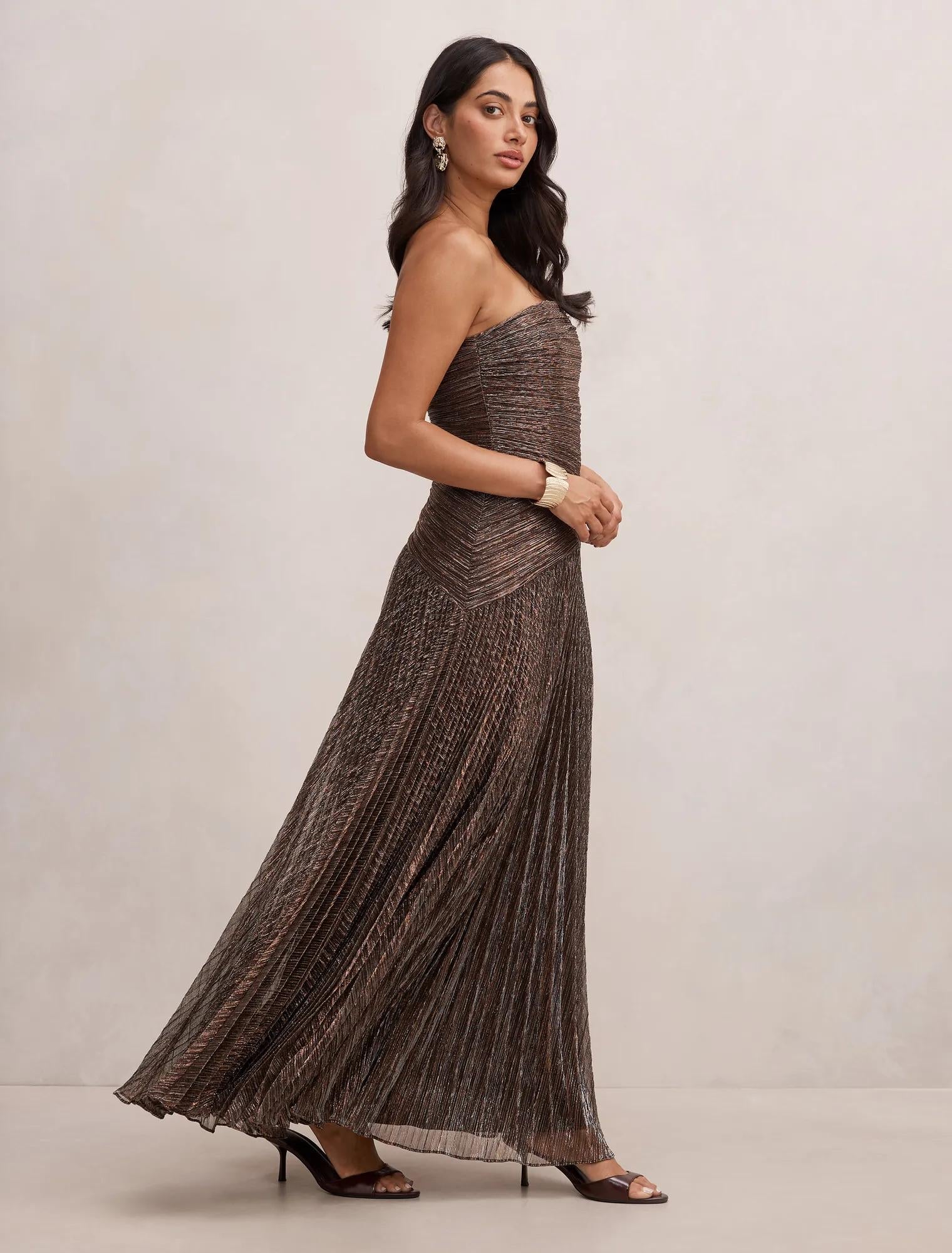 Sofia Strapless Plisse Maxi Dress Bronze