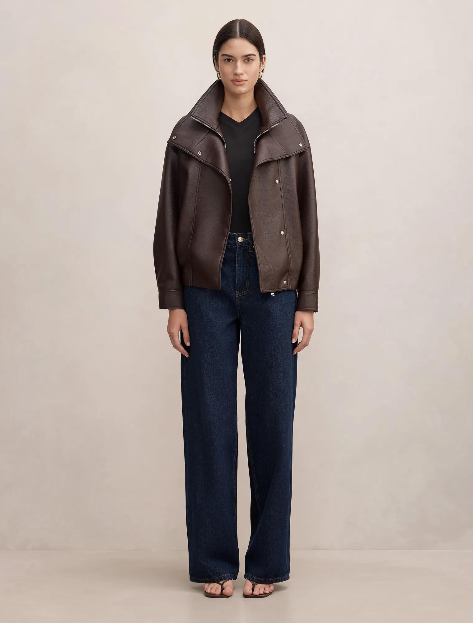 Bex Double Funnel Neck Faux Leather Jacket Deep Plum
