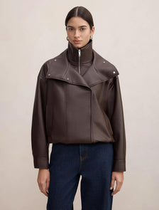 Bex Double Funnel Neck Faux Leather Jacket Deep Plum