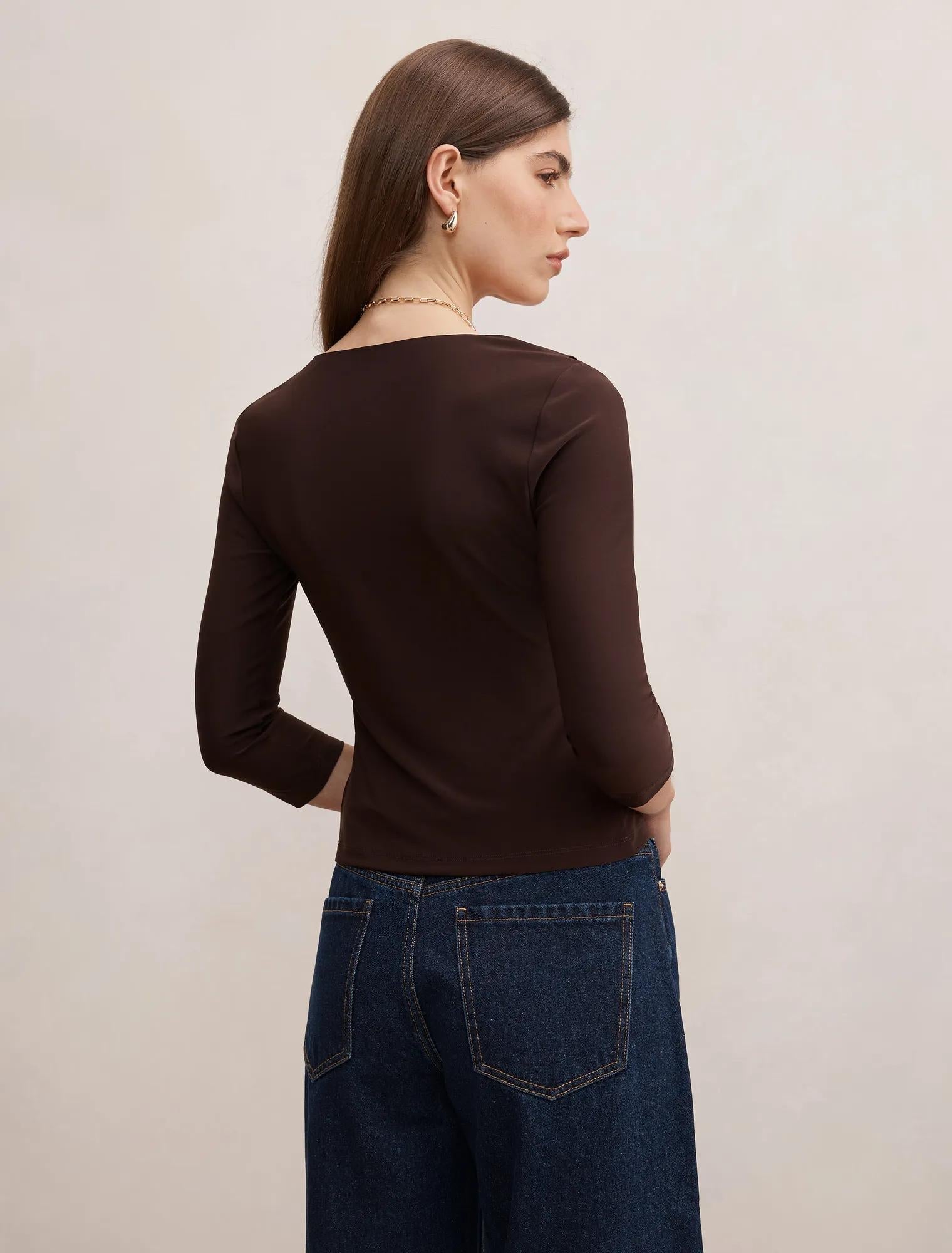 Orla Ruffle 3/4 Sleeve Top Chocolate