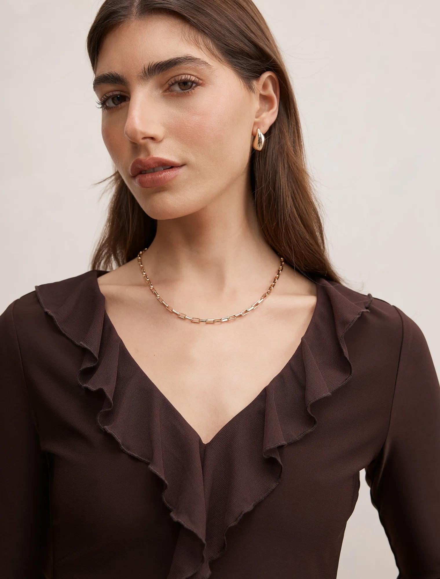 Orla Ruffle 3/4 Sleeve Top Chocolate