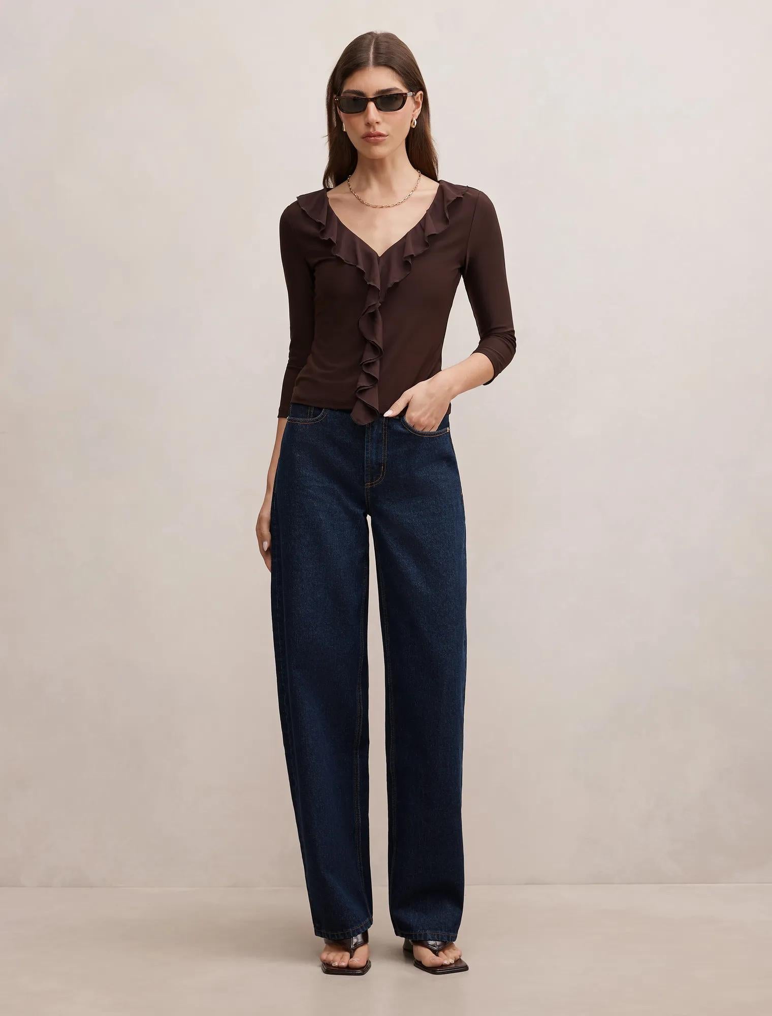 Orla Ruffle 3/4 Sleeve Top Chocolate