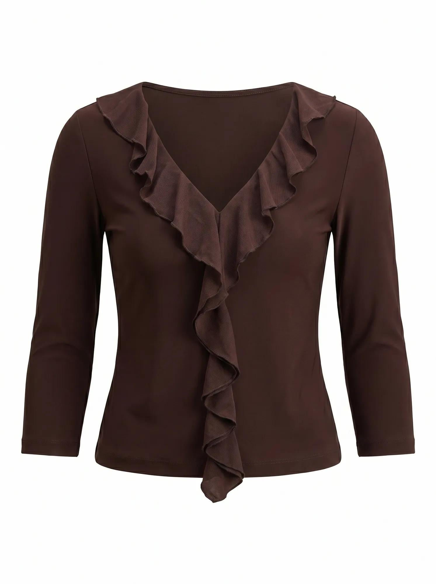 Orla Ruffle 3/4 Sleeve Top Chocolate