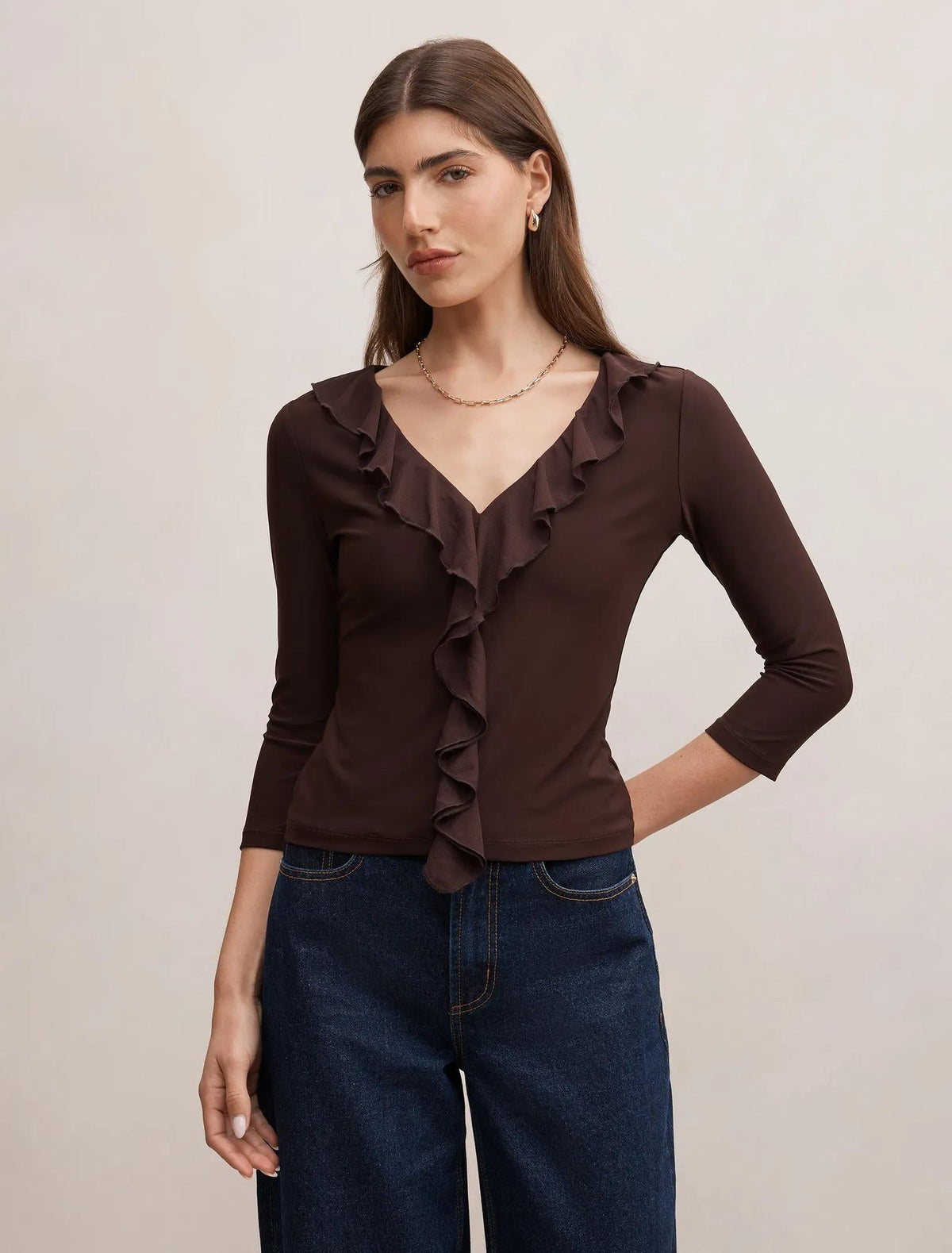Orla Ruffle 3/4 Sleeve Top Chocolate