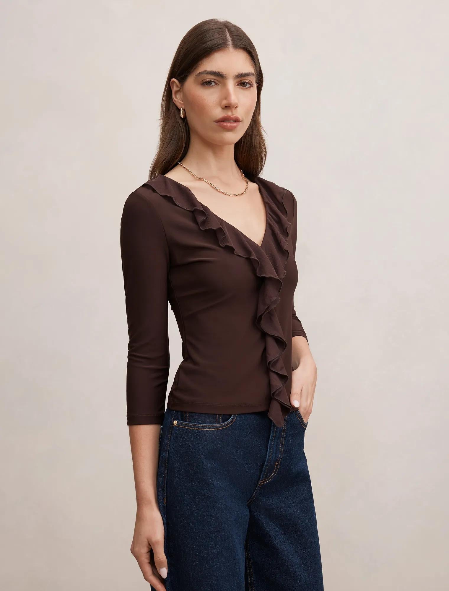 Orla Ruffle 3/4 Sleeve Top Chocolate