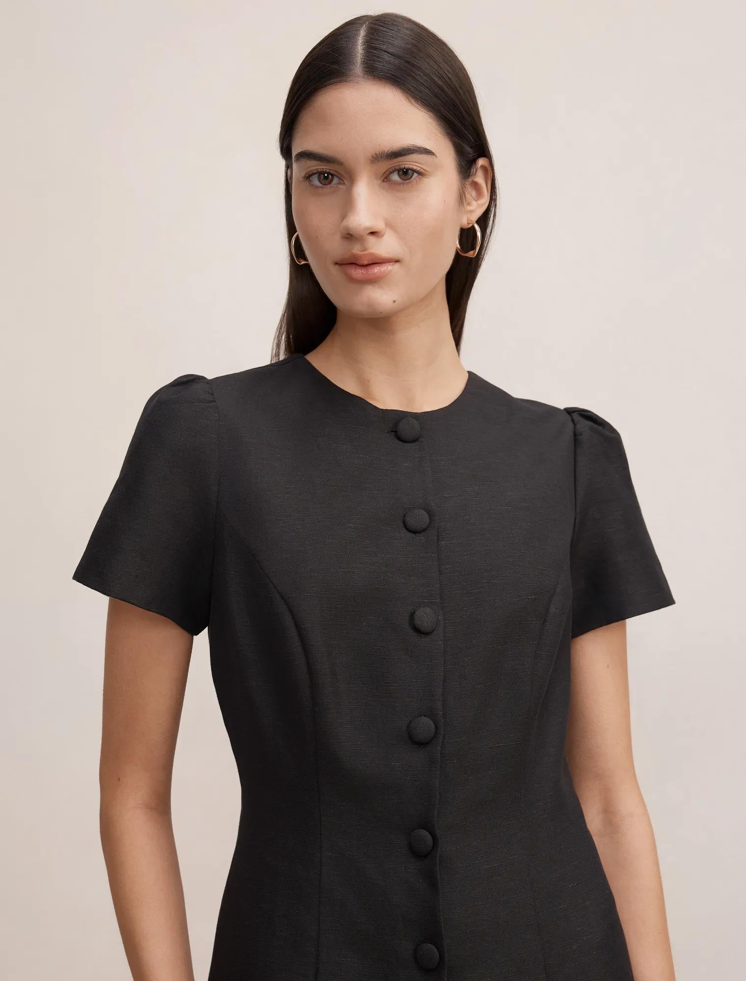 Elinda Button Up Linen Mini Dress Black