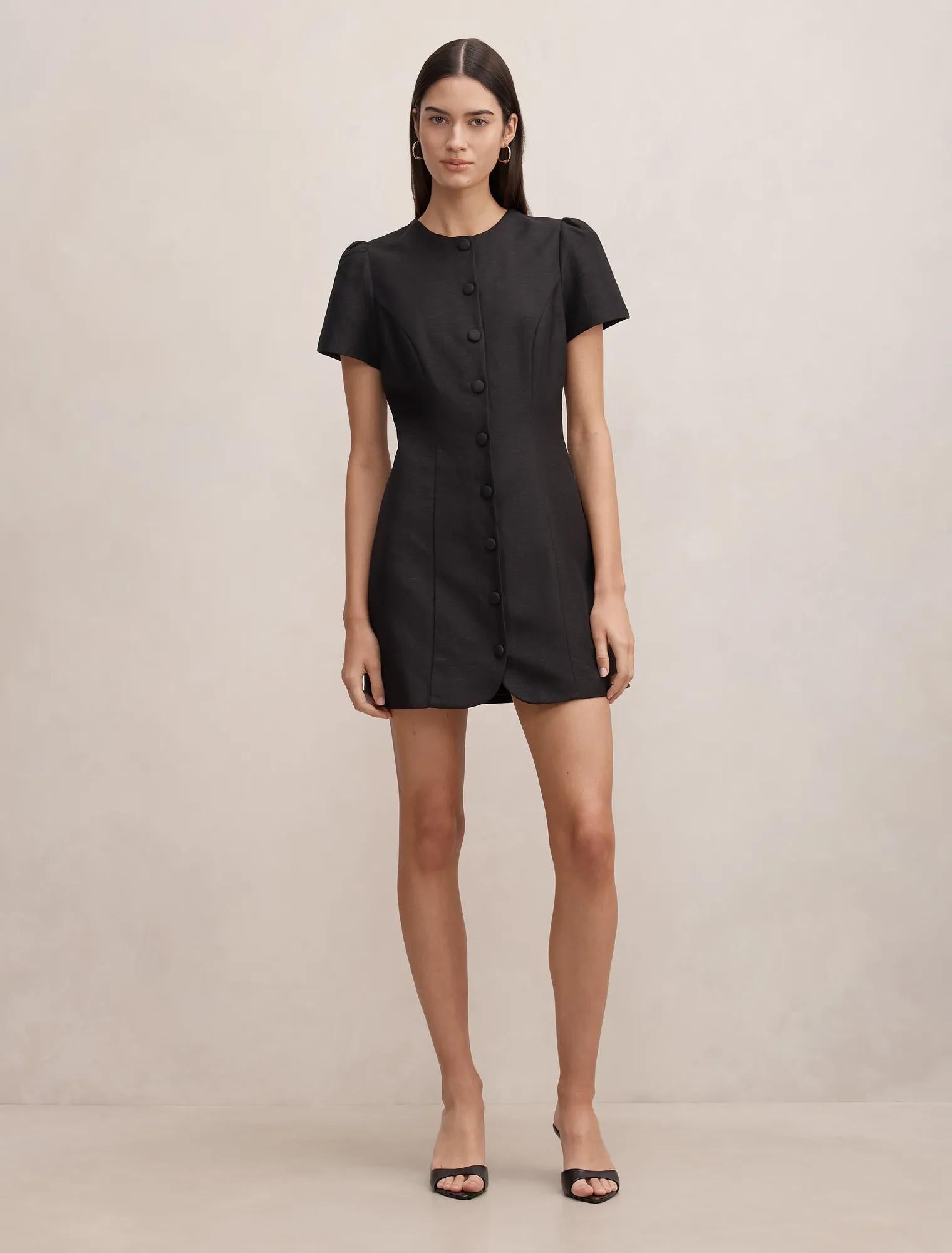Elinda Button Up Linen Mini Dress Black