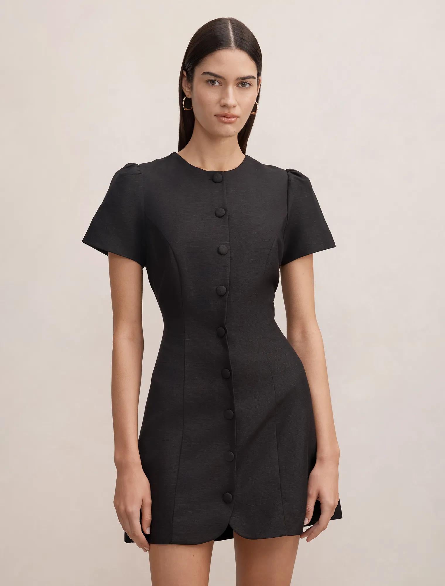 Elinda Button Up Linen Mini Dress Black
