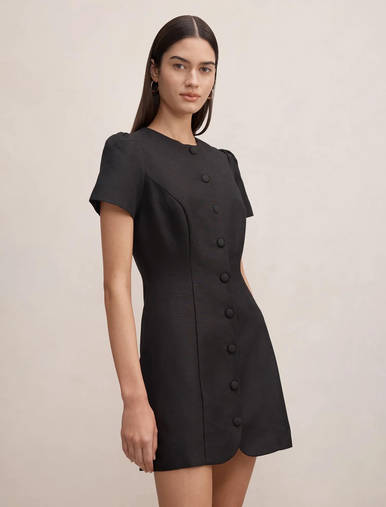 Elinda Button Up Linen Mini Dress Black