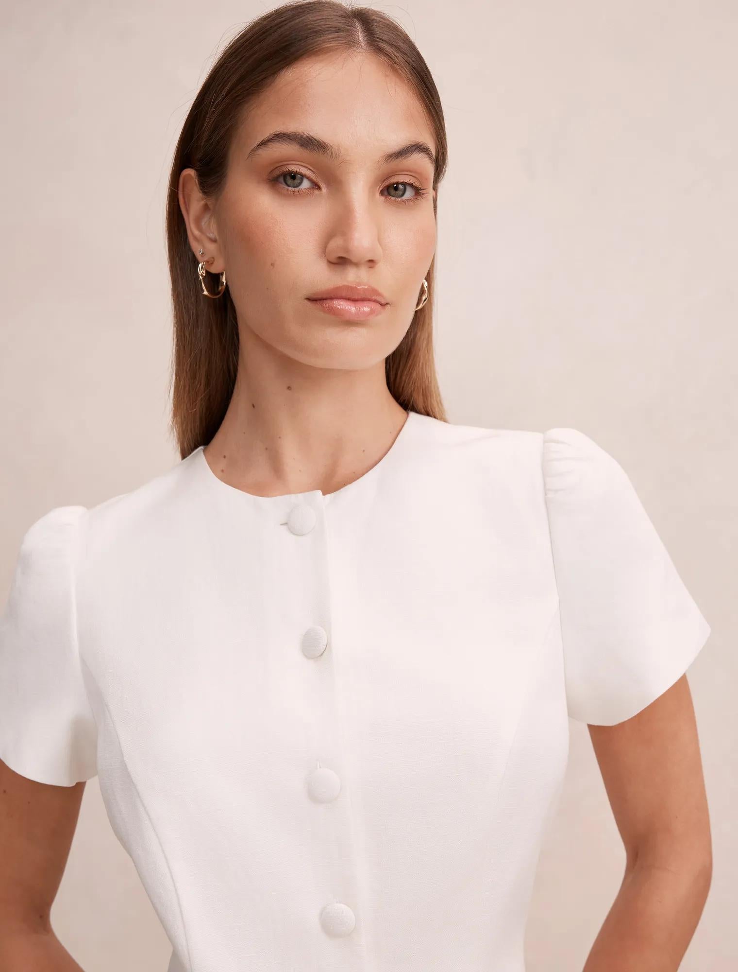 Elinda Button Up Linen Mini Dress Porcelain
