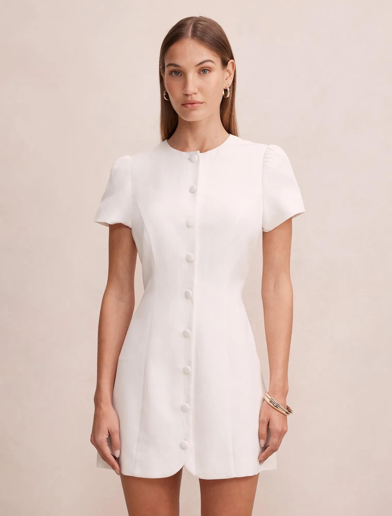 Elinda Button Up Linen Mini Dress Porcelain