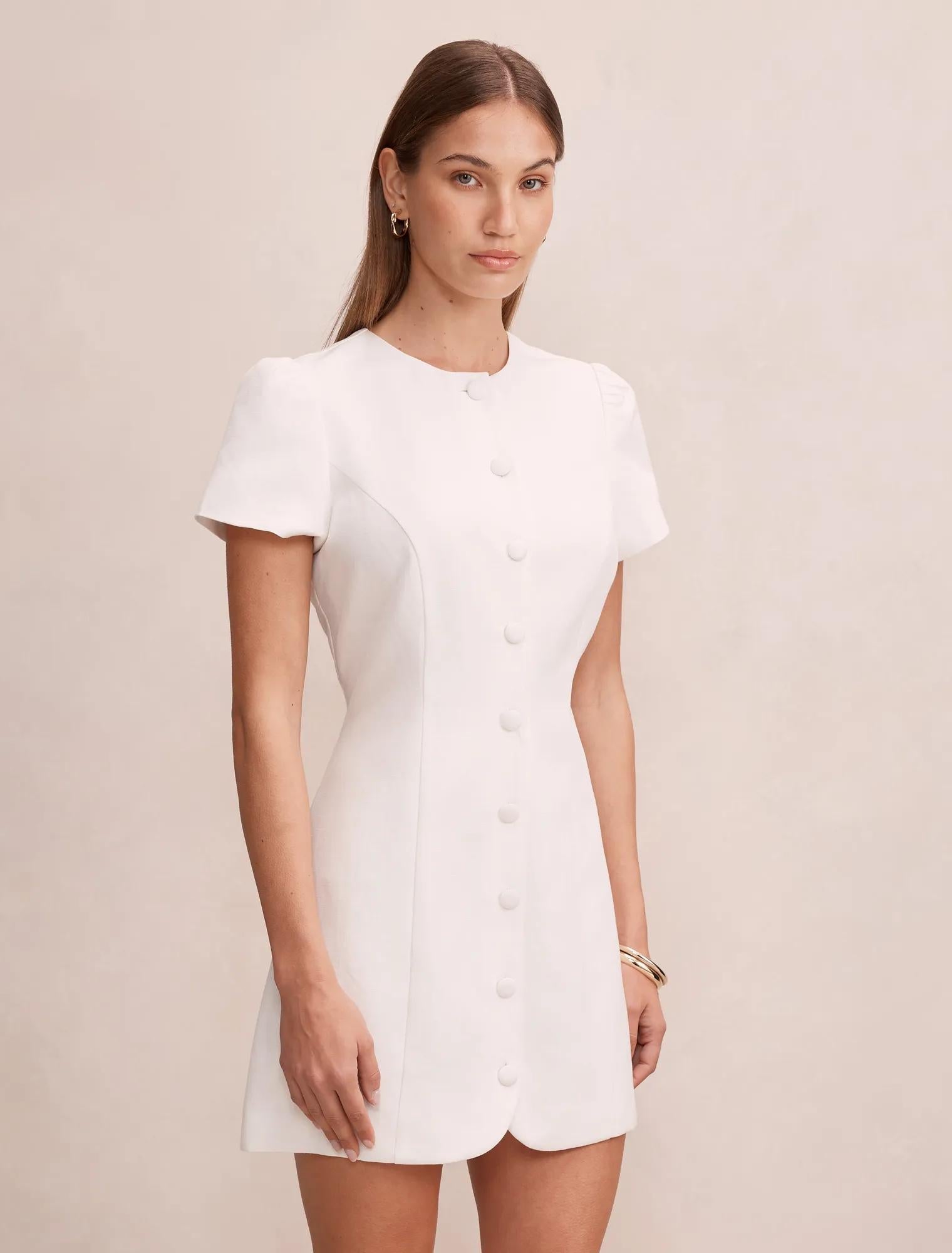 Elinda Button Up Linen Mini Dress Porcelain