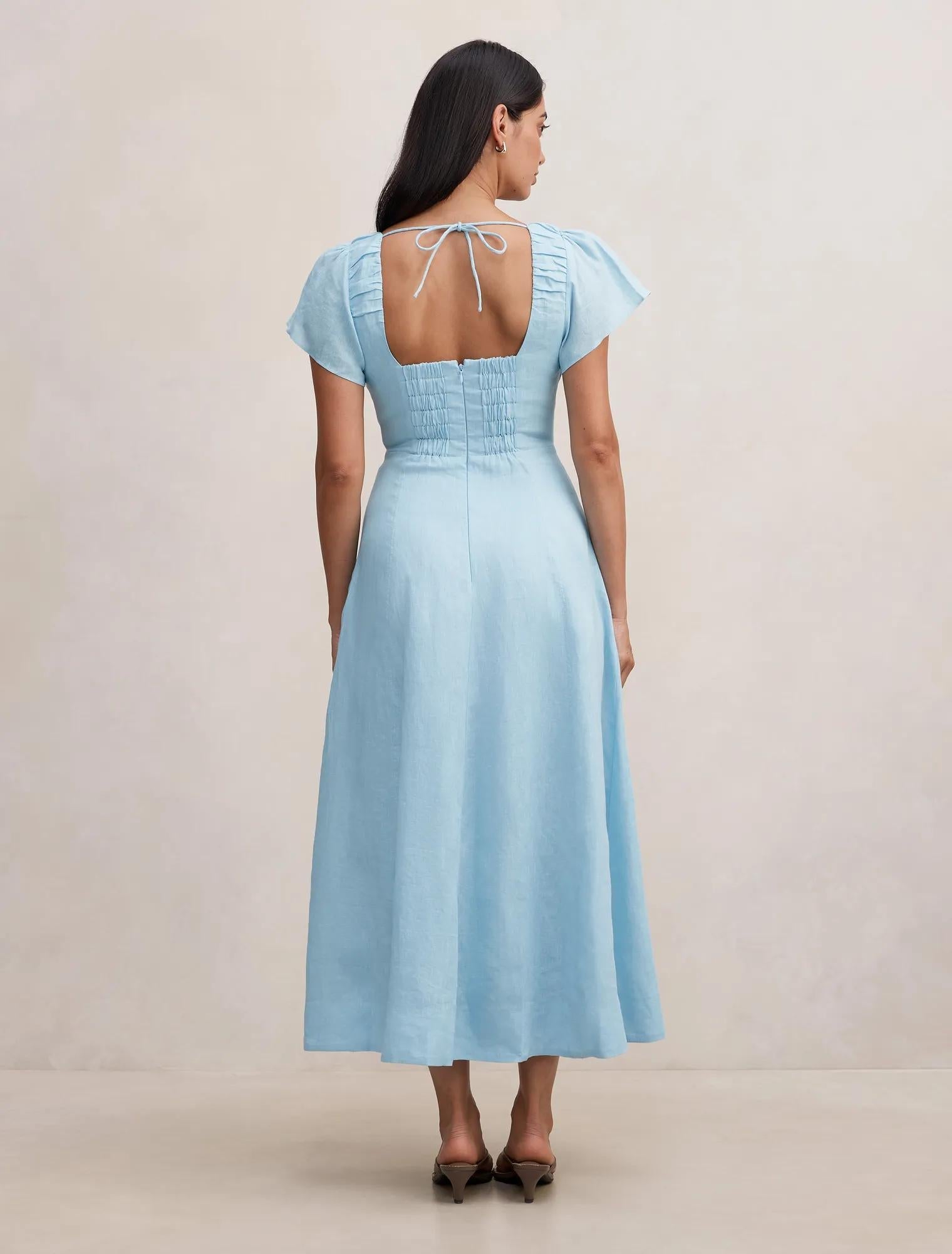 Rue Puff Sleeve Gathered Midi Dress Seafoam Aqua
