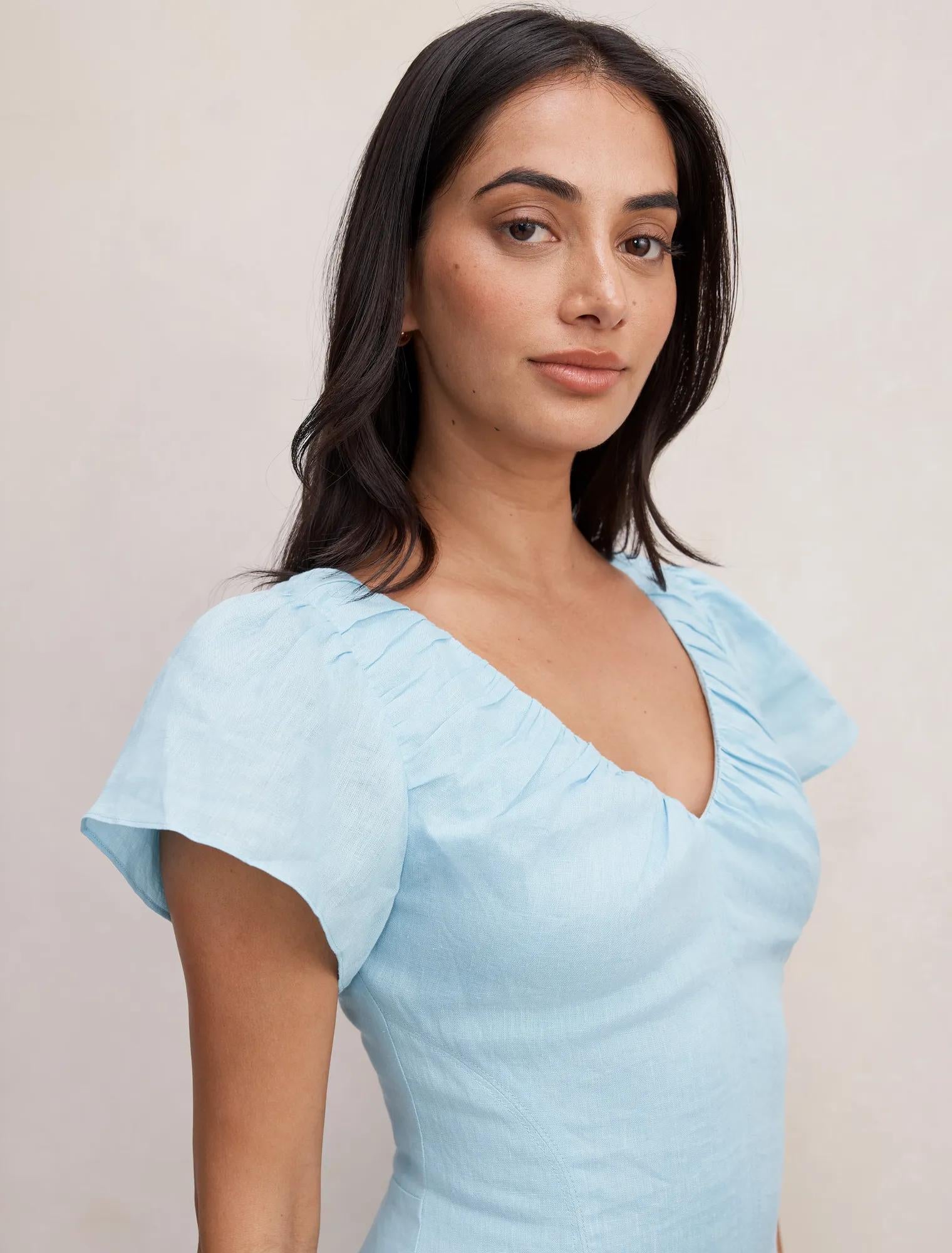 Rue Puff Sleeve Gathered Midi Dress Seafoam Aqua