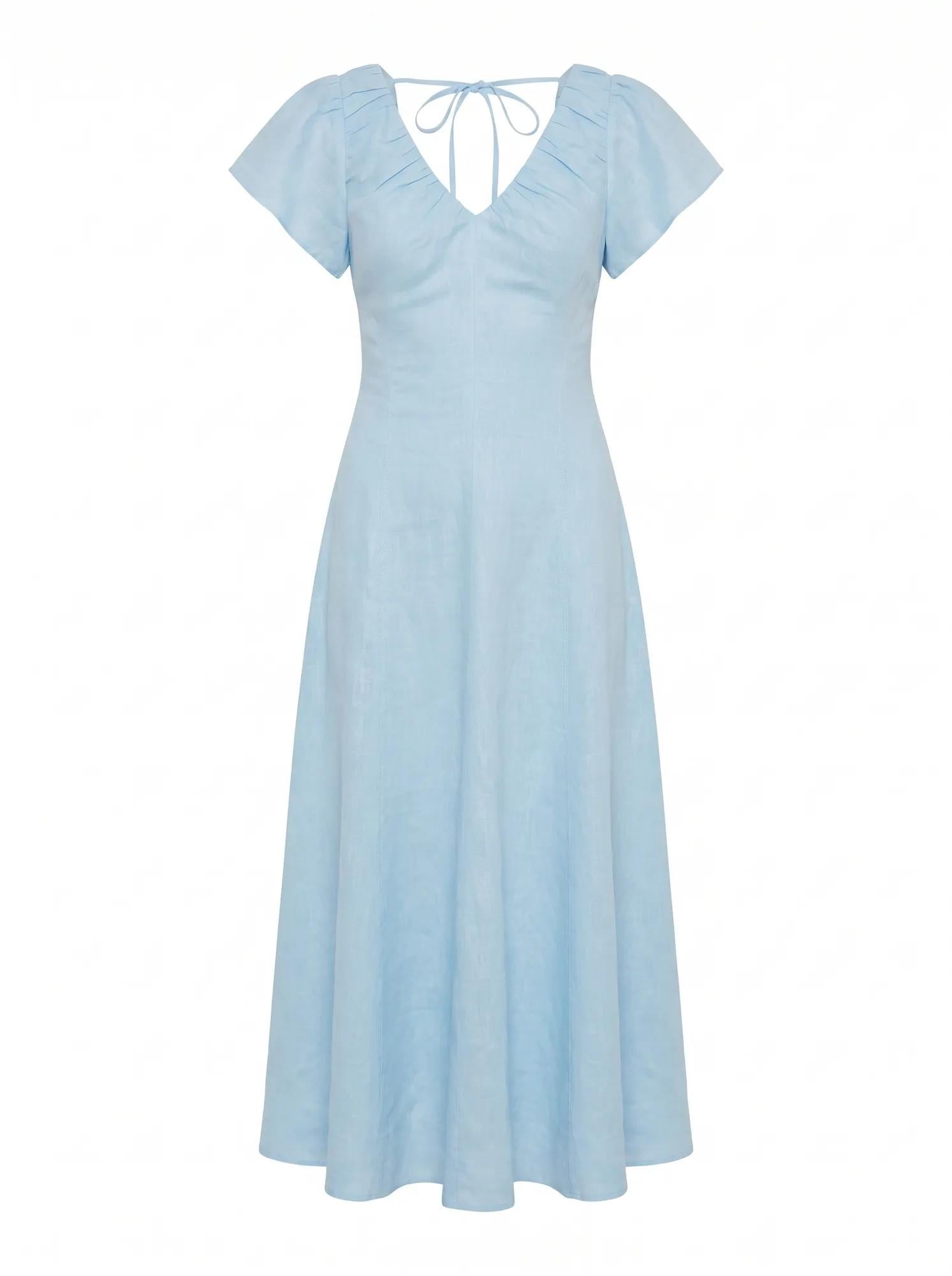 Rue Puff Sleeve Gathered Midi Dress Seafoam Aqua