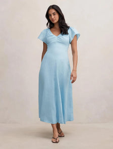 Rue Puff Sleeve Gathered Midi Dress Seafoam Aqua