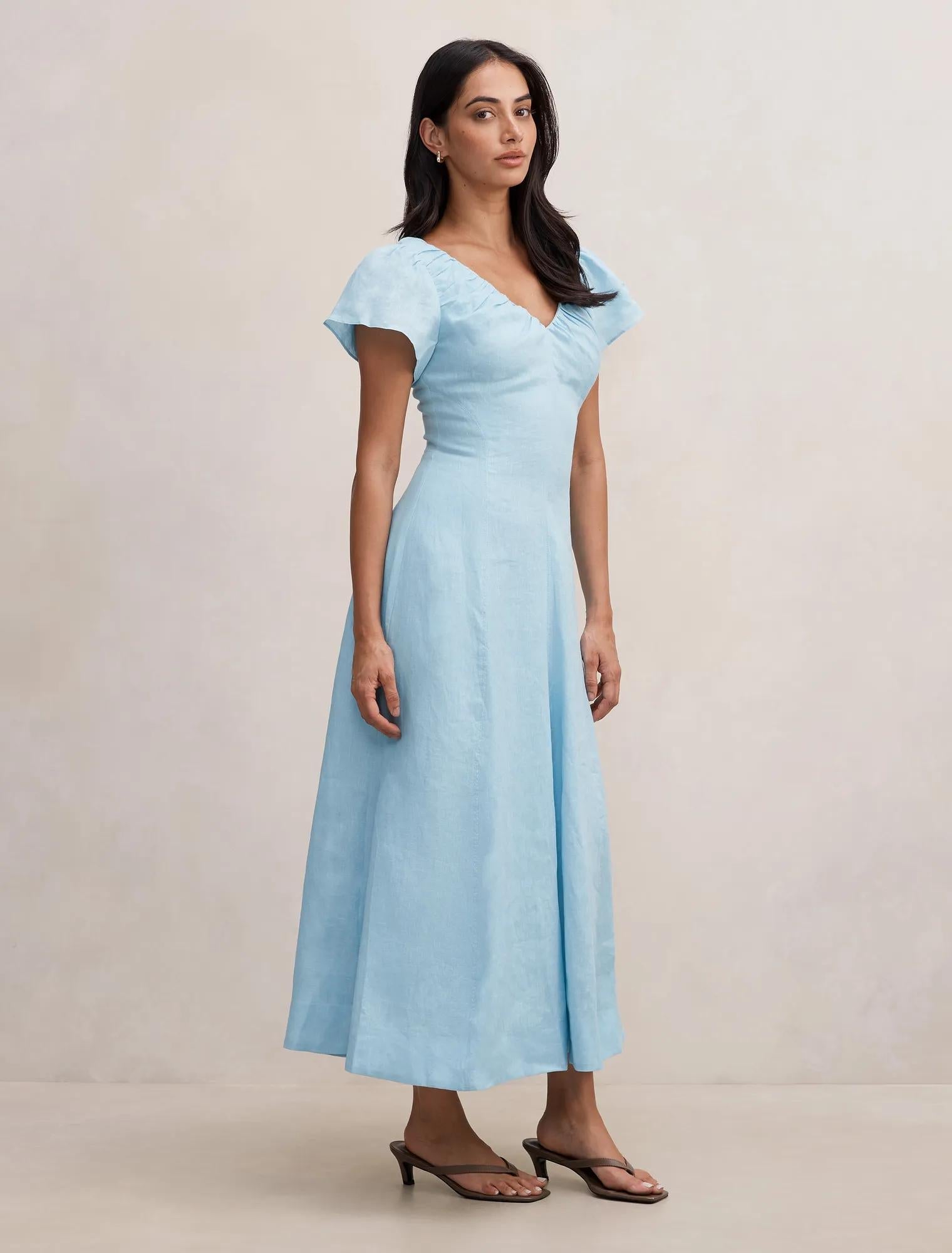 Rue Puff Sleeve Gathered Midi Dress Seafoam Aqua