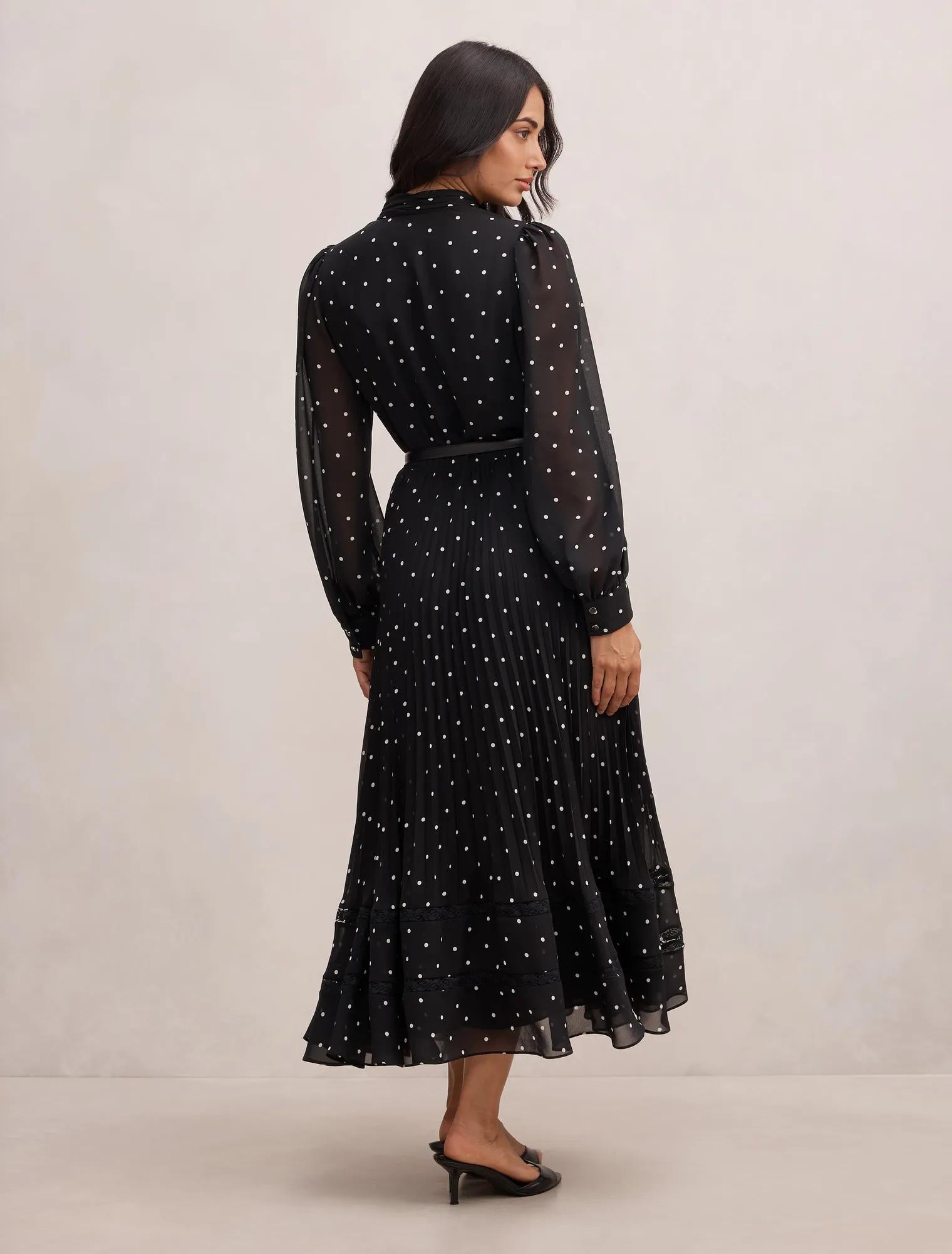 Clara Pleated Lace Trim Midi Dress Dark Risley Spot