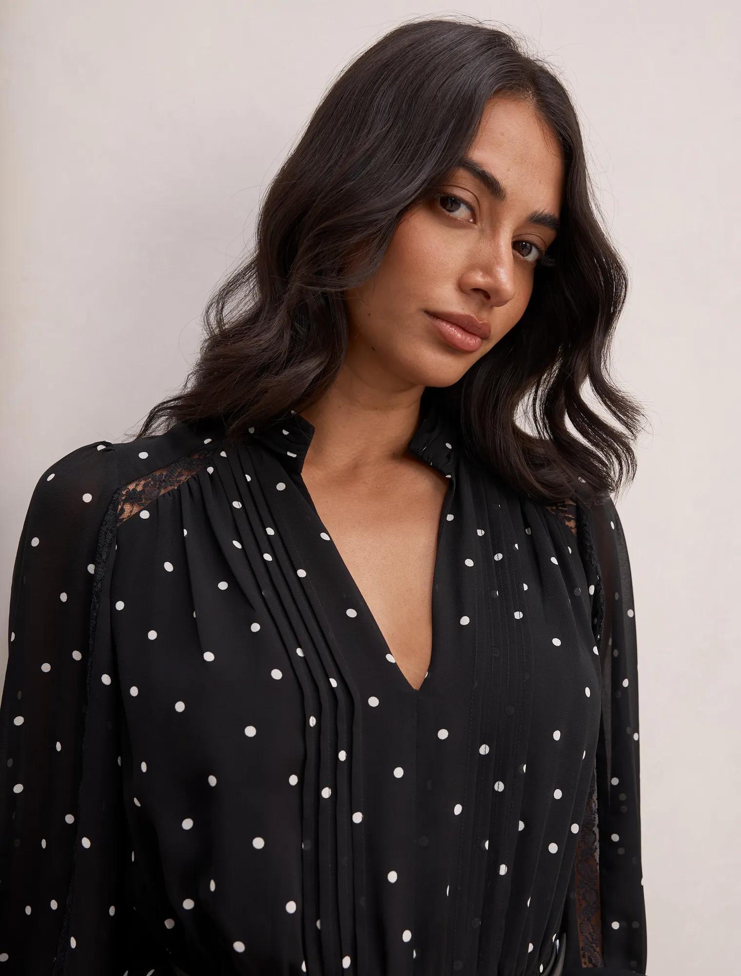Clara Pleated Lace Trim Midi Dress Dark Risley Spot