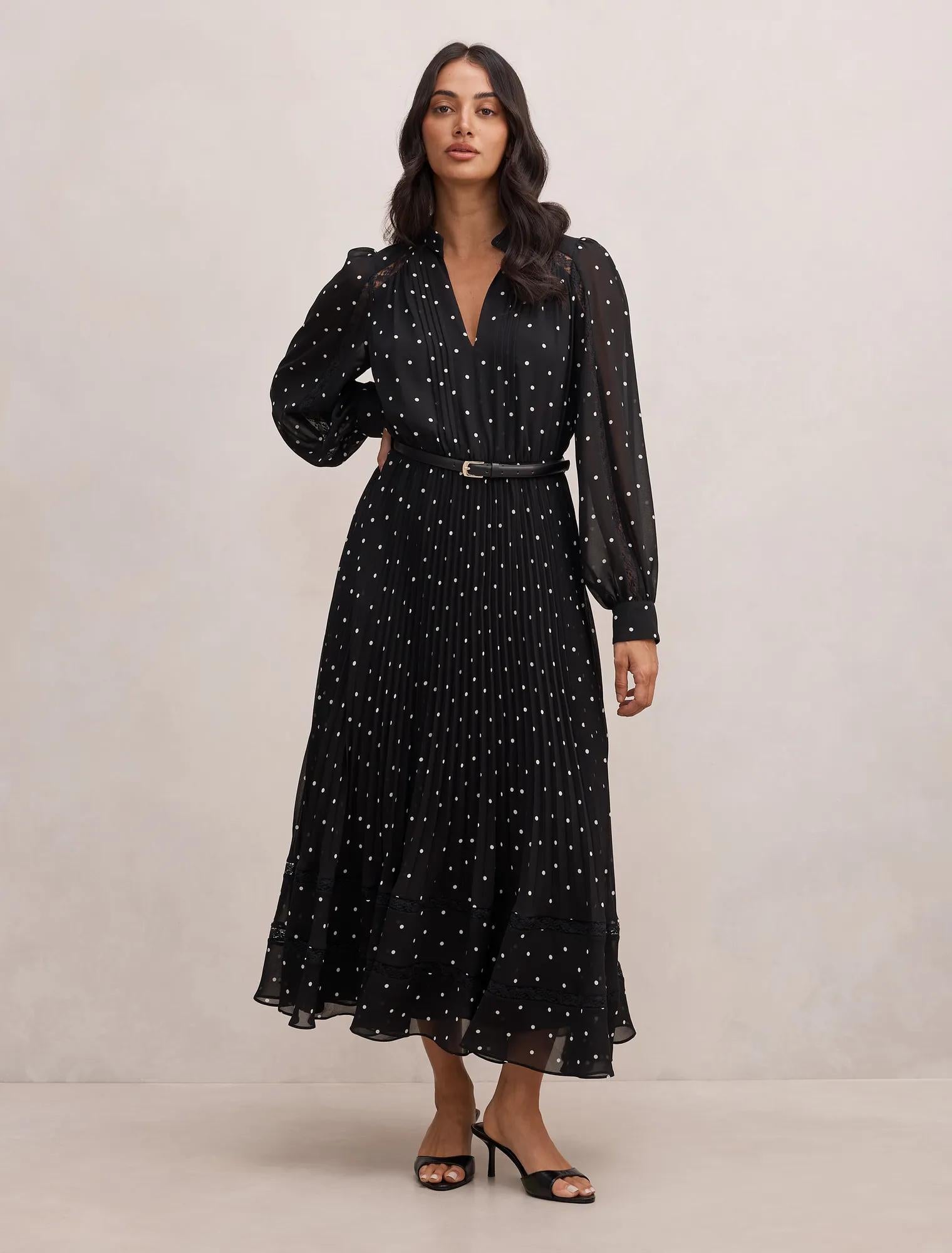 Clara Pleated Lace Trim Midi Dress Dark Risley Spot