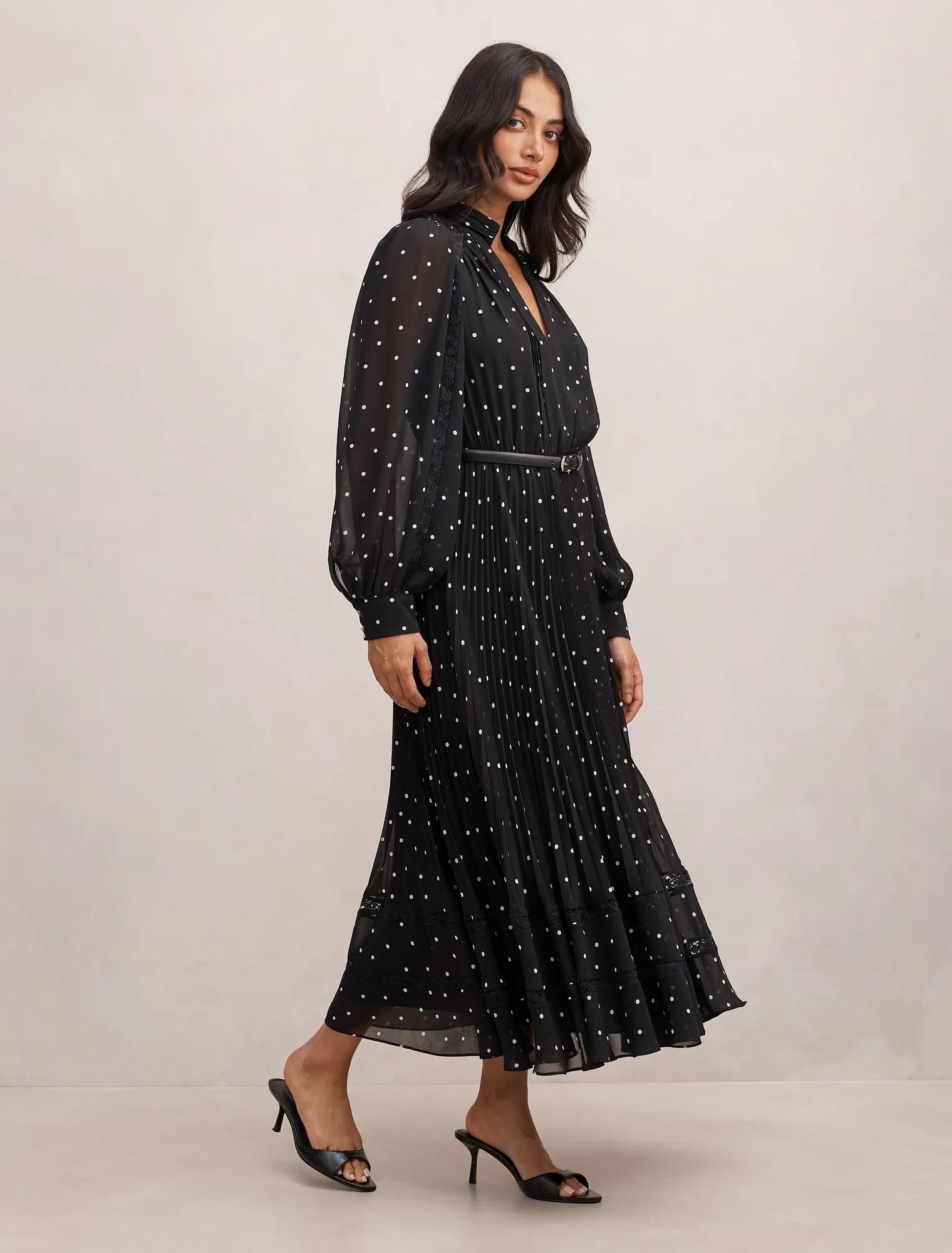Clara Pleated Lace Trim Midi Dress Dark Risley Spot