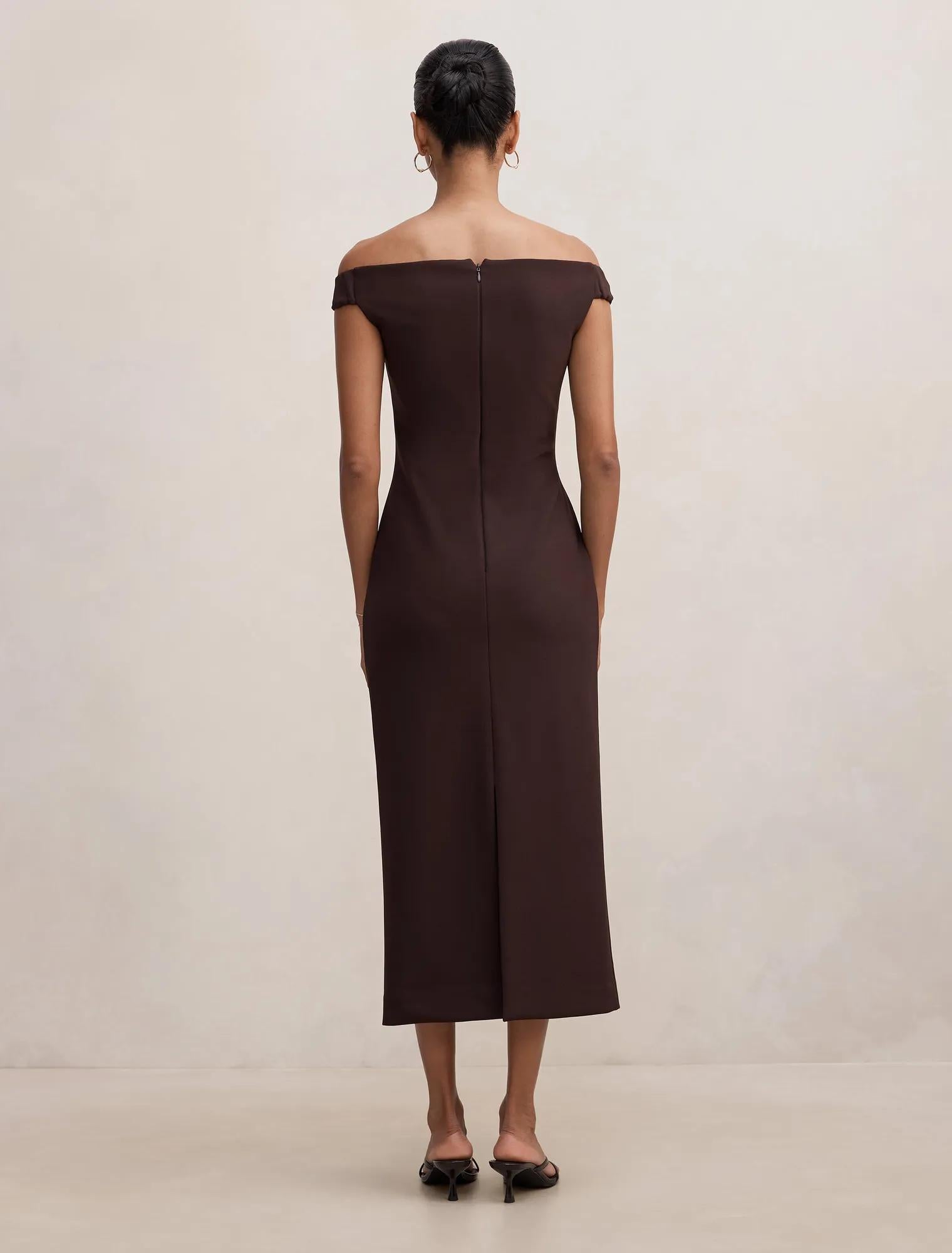 Zaria Petite Off Shoulder Draped Midi Chocolate