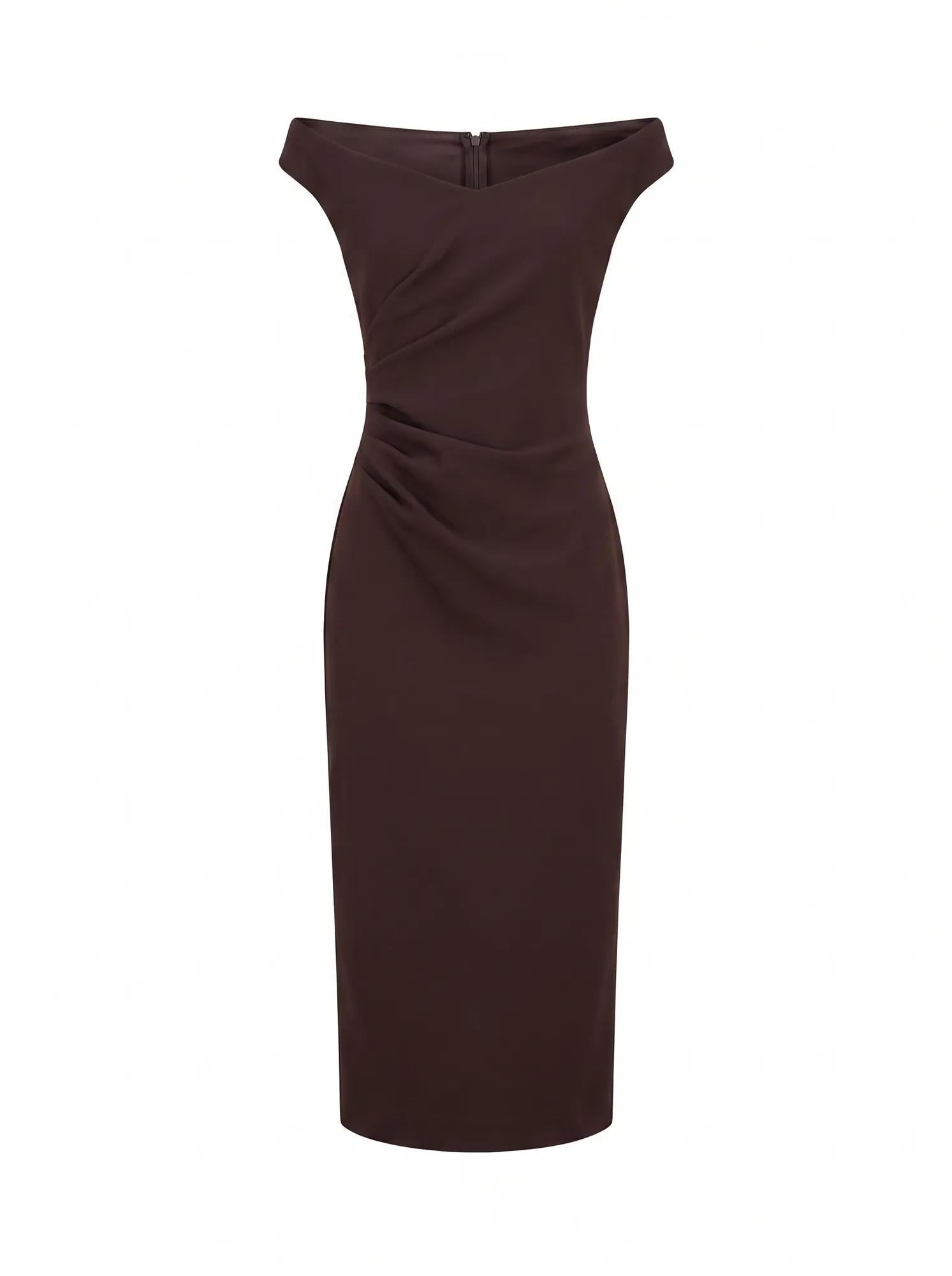 Zaria Petite Off Shoulder Draped Midi Chocolate_mannequin