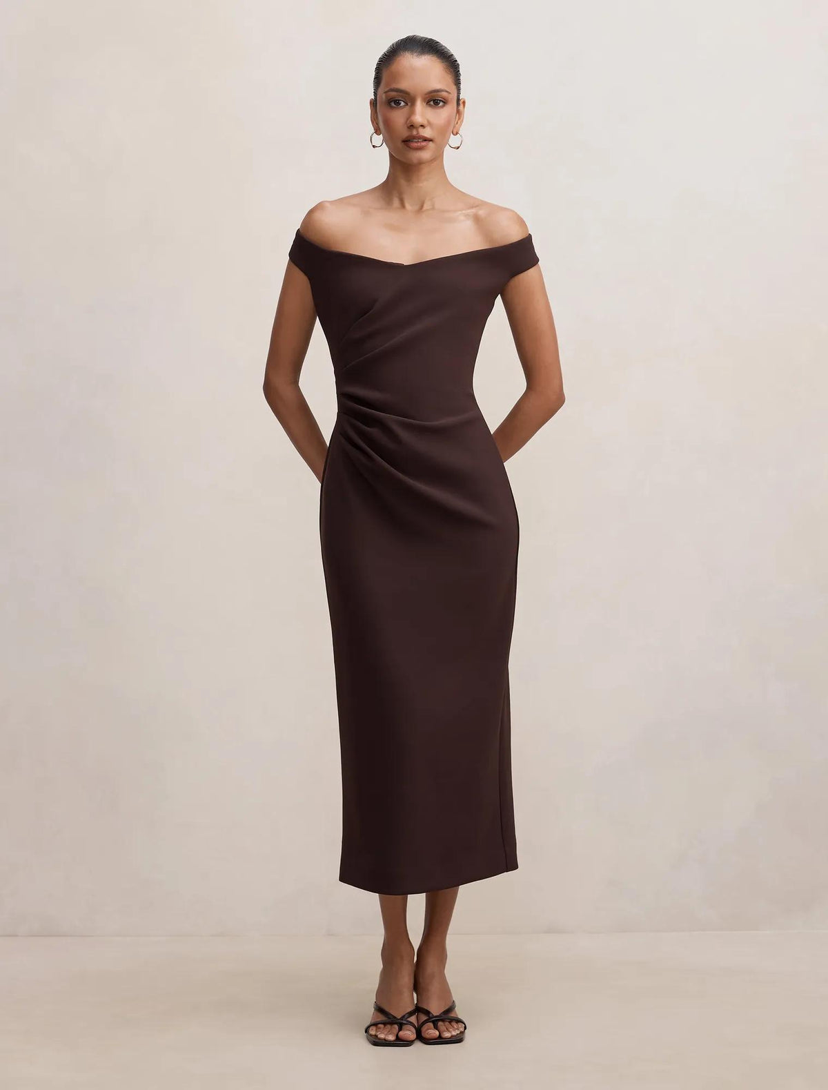 Zaria Petite Off Shoulder Draped Midi Chocolate