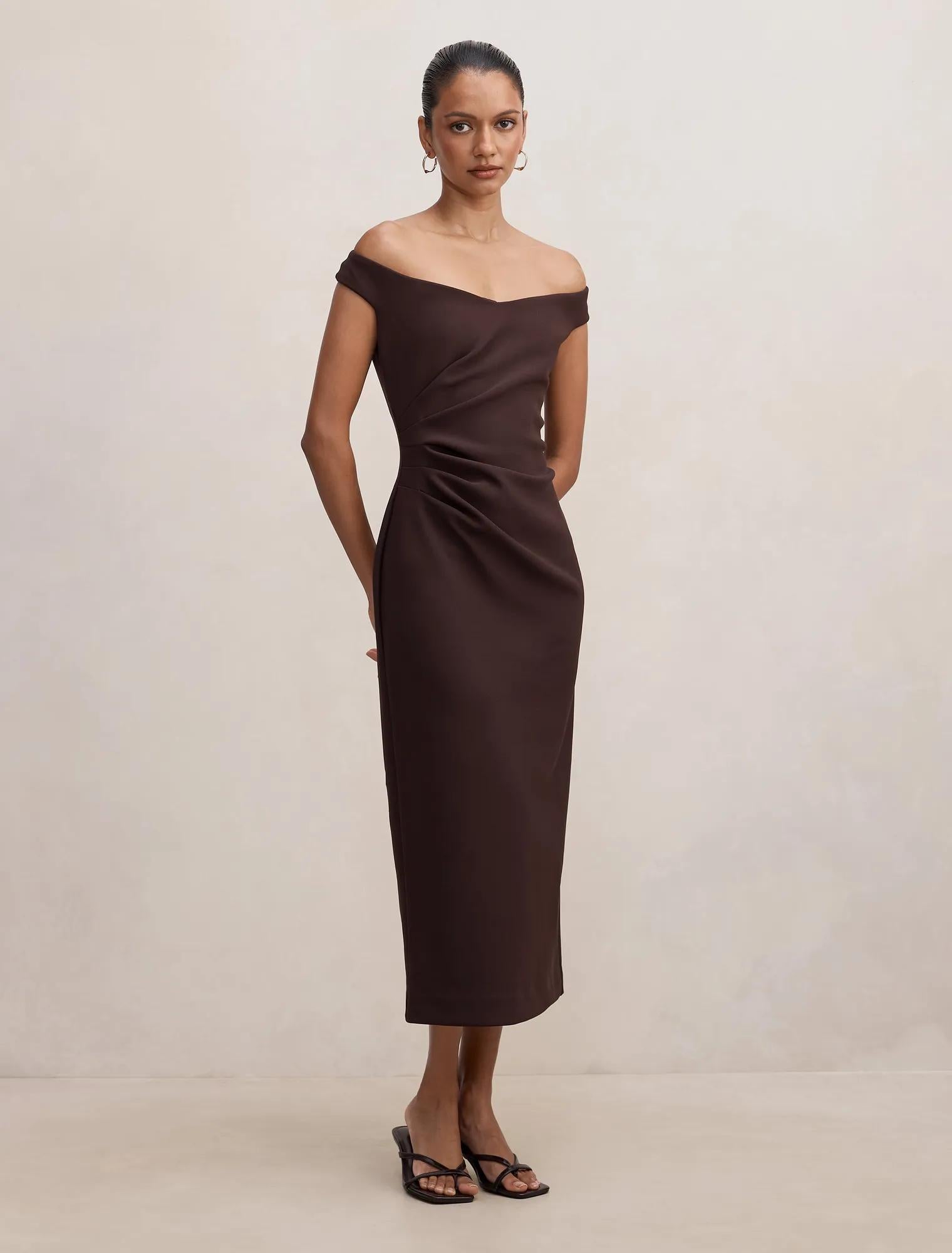 Zaria Petite Off Shoulder Draped Midi Chocolate
