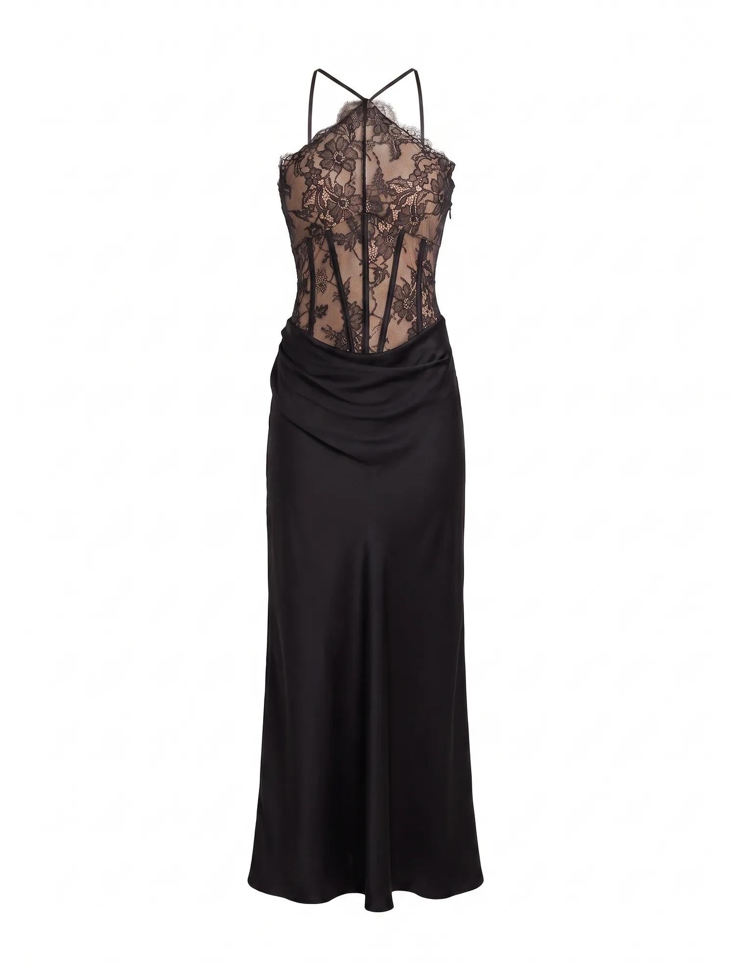 Nellie Lace Halter Maxi Black/ Nude_mannequin