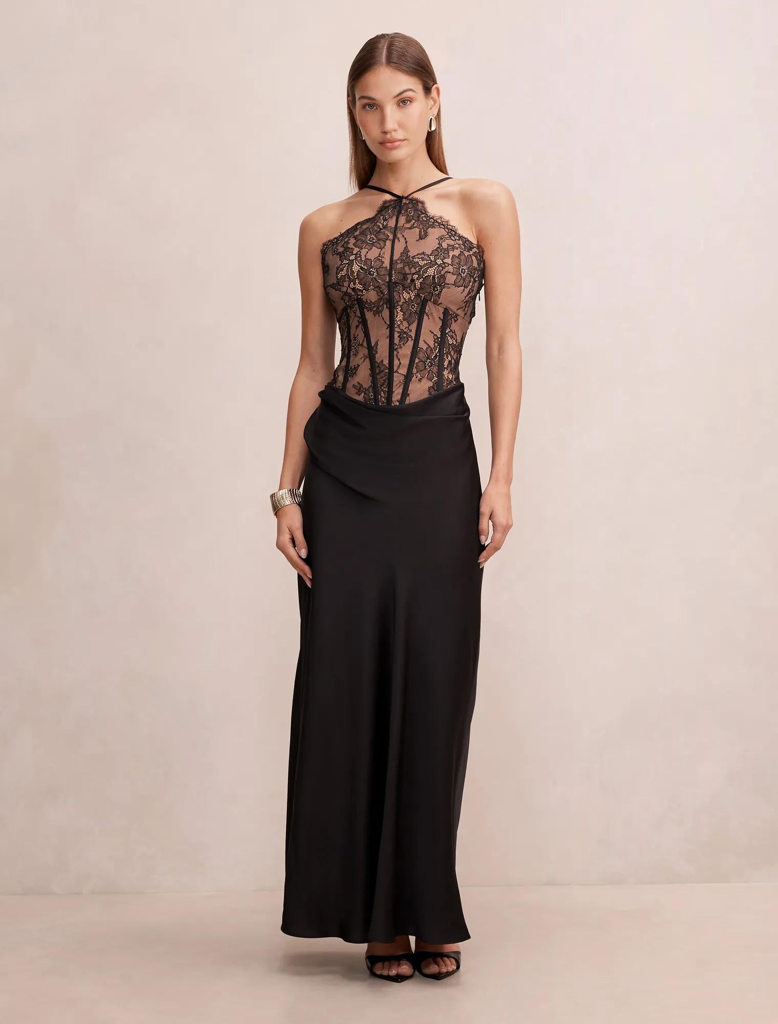 Nellie Lace Halter Maxi Black/ Nude