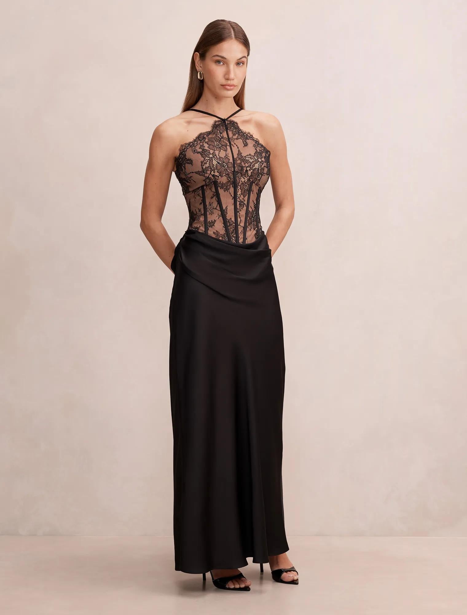 Nellie Lace Halter Maxi Black/ Nude