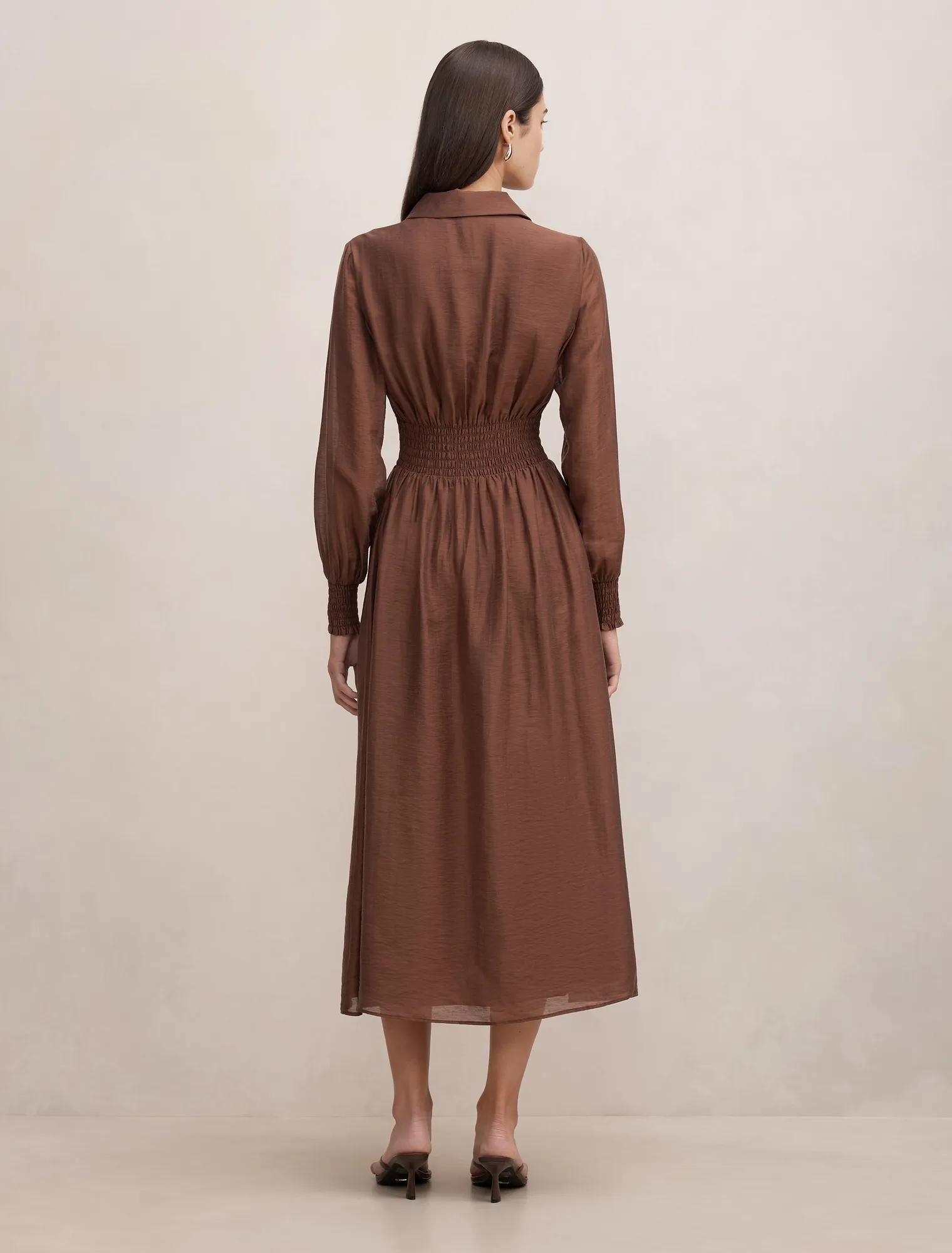 Elissa Shirred Waist Midi Dress Shaved Chocolate