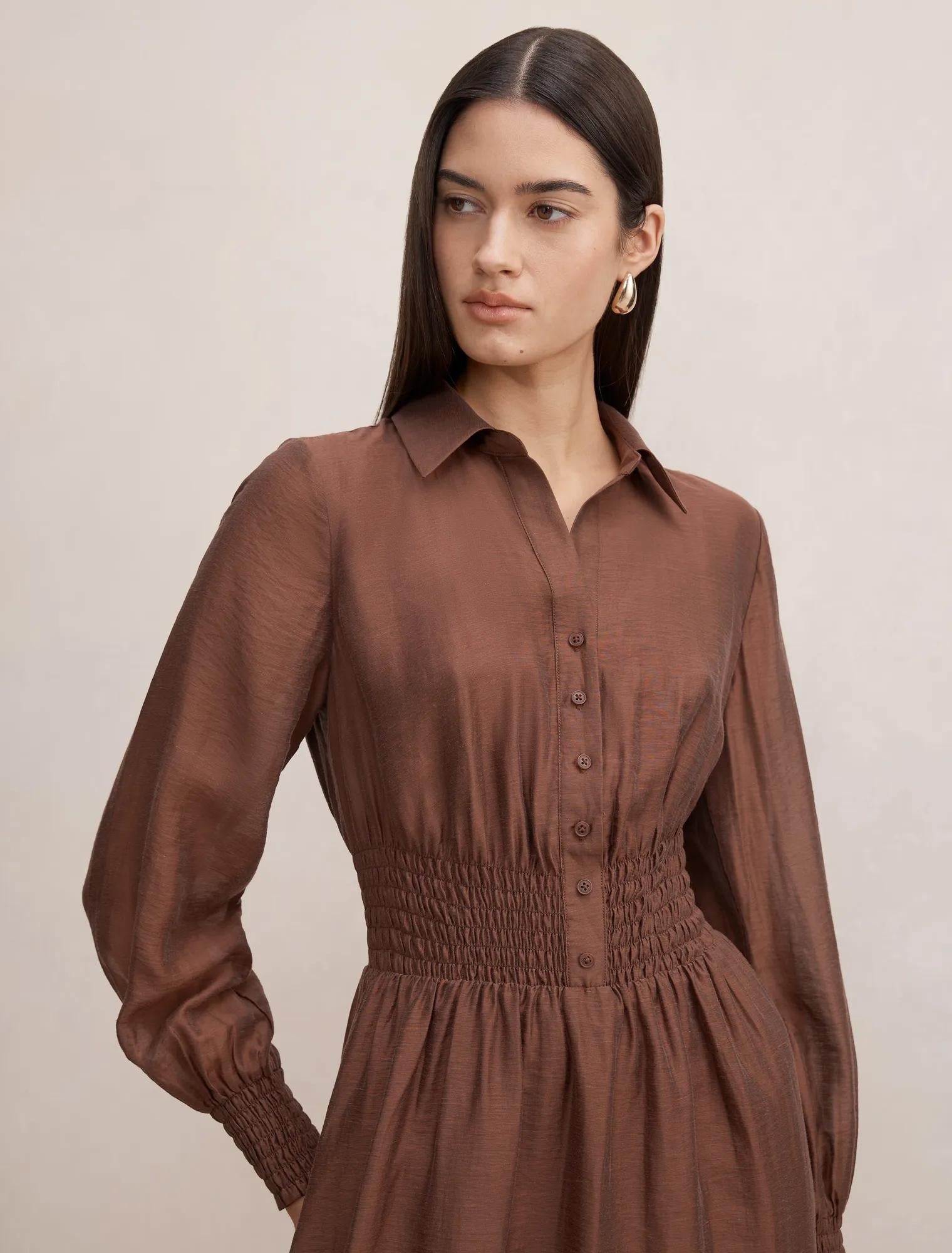 Elissa Shirred Waist Midi Dress Shaved Chocolate