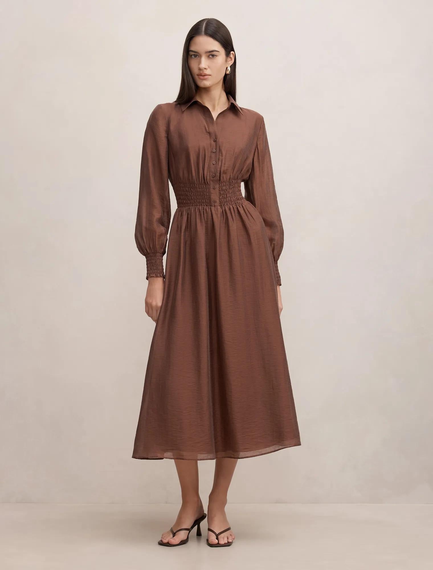 Elissa Shirred Waist Midi Dress Shaved Chocolate
