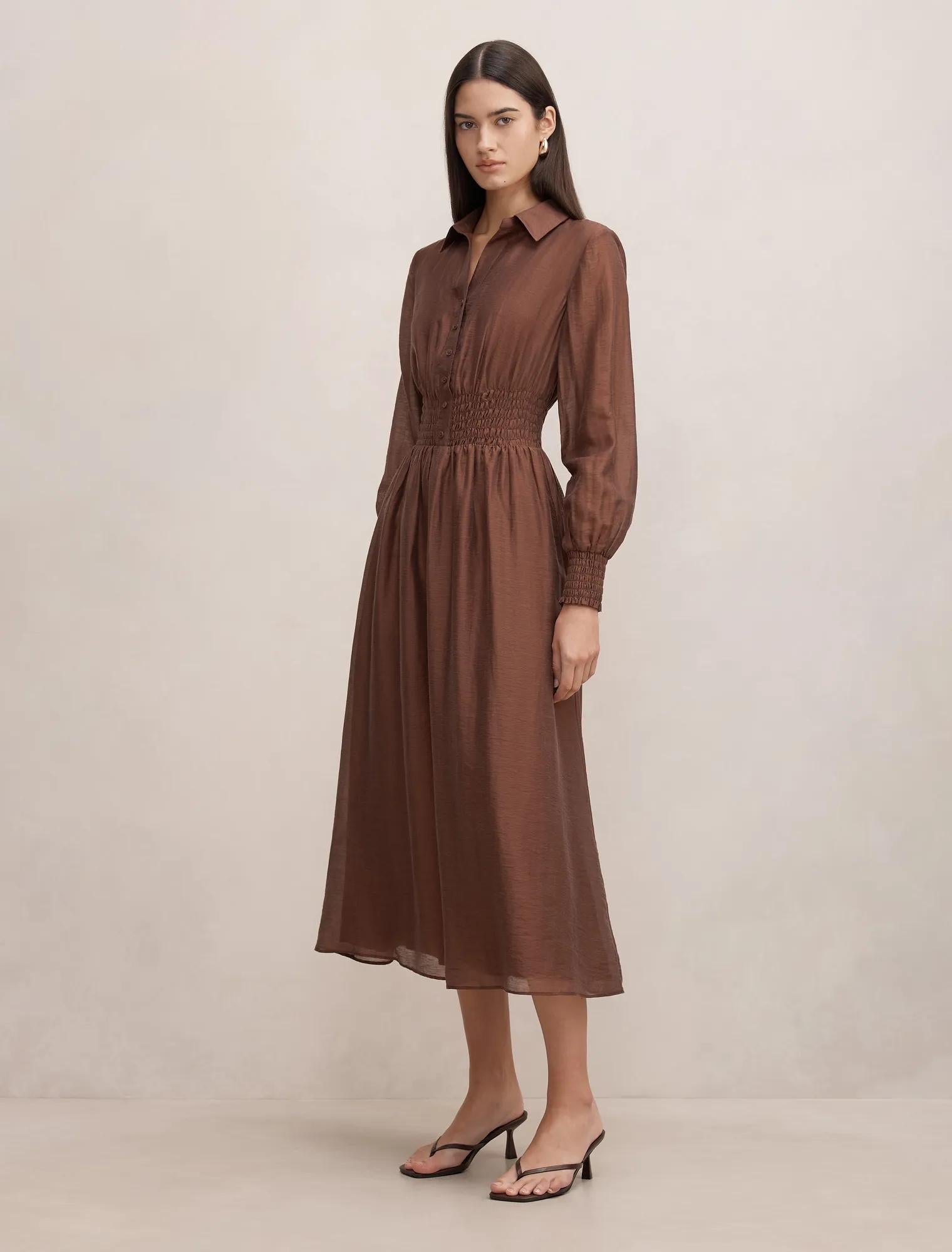 Elissa Shirred Waist Midi Dress Shaved Chocolate