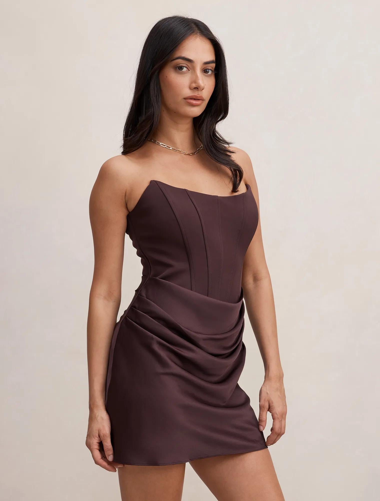 Isra Drape Strapless Mini Dress Dark Chocolate