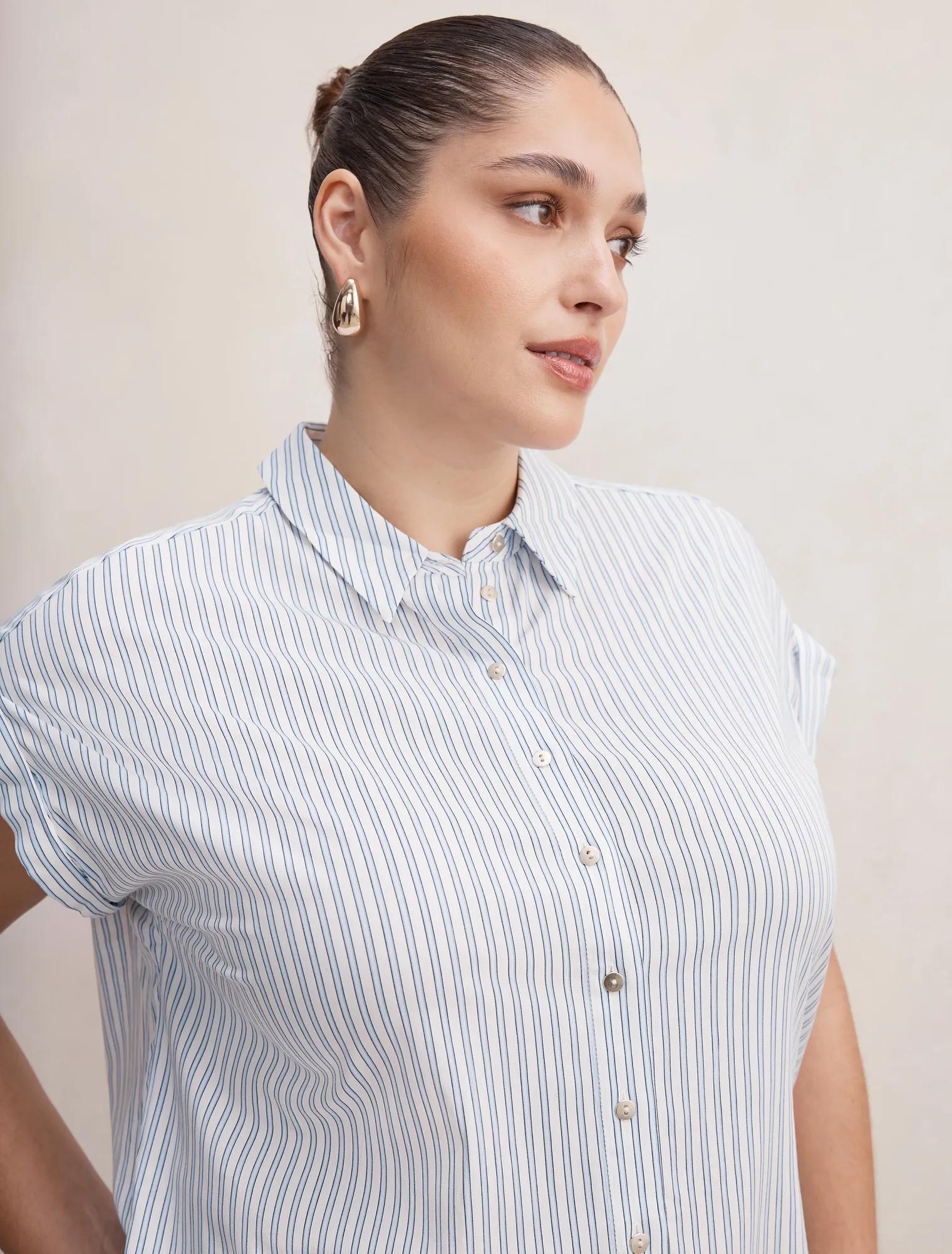 Tia Curve Collar Button Shirt Harbour Stripe